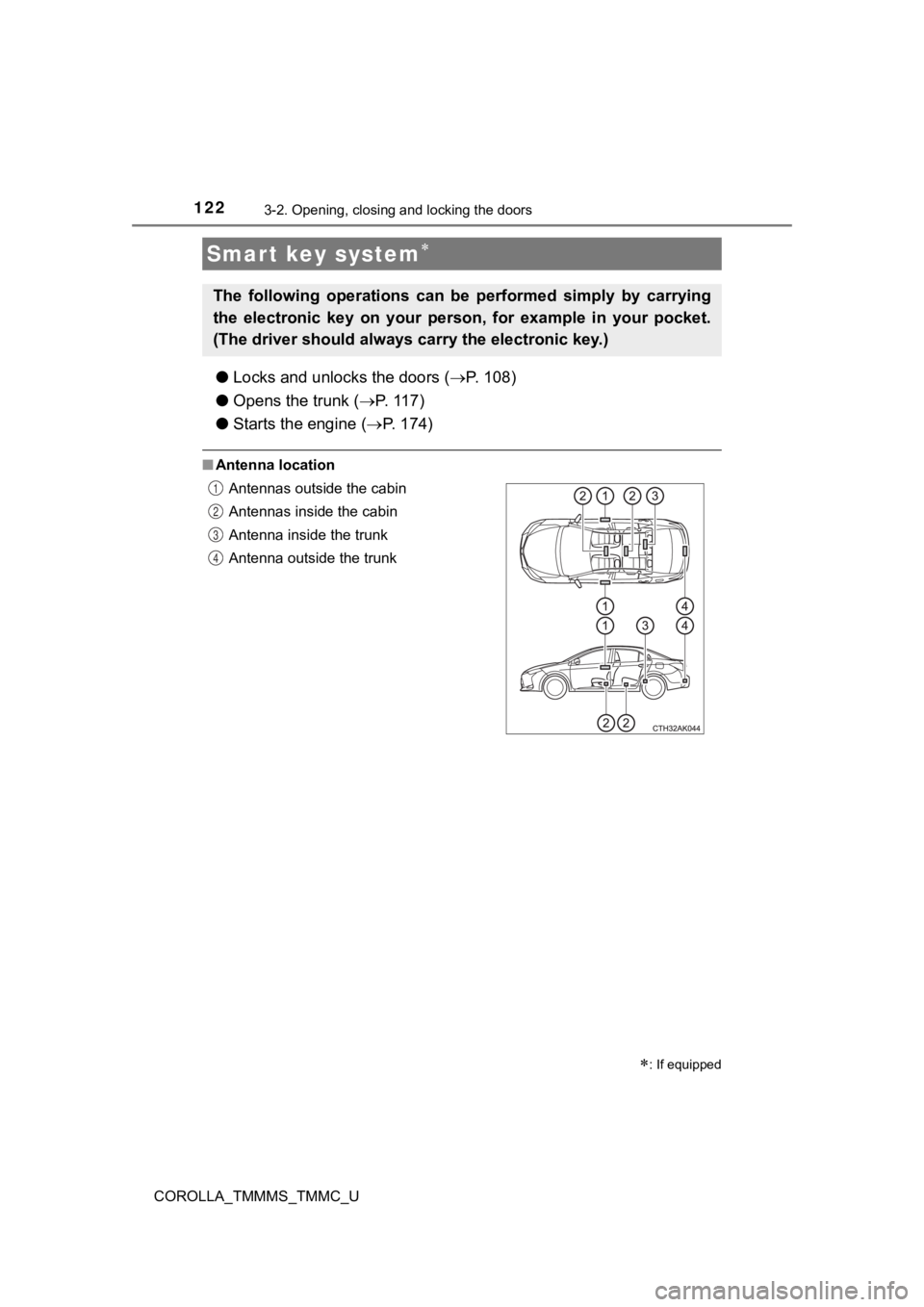 TOYOTA COROLLA 2019  Owners Manual (in English) 1223-2. Opening, closing and locking the doors
COROLLA_TMMMS_TMMC_U
●Locks and unloc ks the doors (P. 108)
● Opens the trunk ( P.   1 1 7 )
● Starts the engine ( P.   1 7 4 )
■Antenna