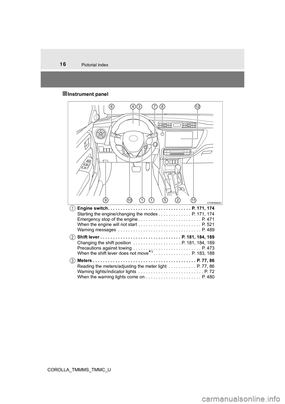 TOYOTA COROLLA 2019   (in English) User Guide 16Pictorial index
COROLLA_TMMMS_TMMC_U
■Instrument panel
Engine switch . . . . . . . . . . . . . . . . . . . . . . . . . . . . . . . . .  P. 171, 174
Starting the engine/changing the modes . . . . .