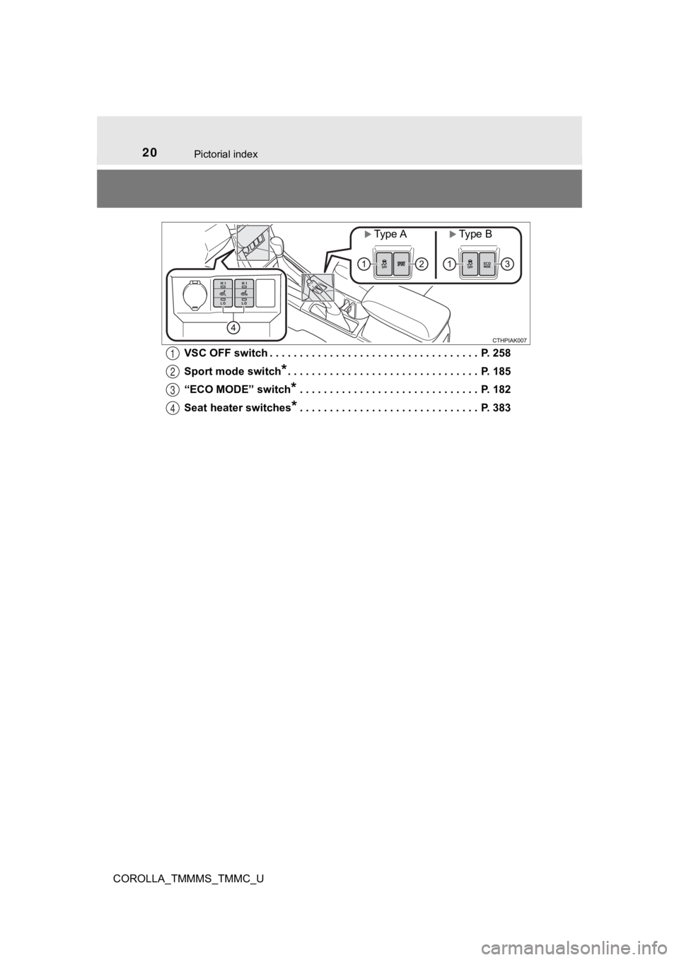 TOYOTA COROLLA 2019   (in English) User Guide 20Pictorial index
COROLLA_TMMMS_TMMC_UVSC OFF switch . . . . . . . . . . . . . . . . . . . . . . . . . . . . . . . . . . .  P. 258
Sport mode switch
*. . . . . . . . . . . . . . . . . . . . . . . . . 