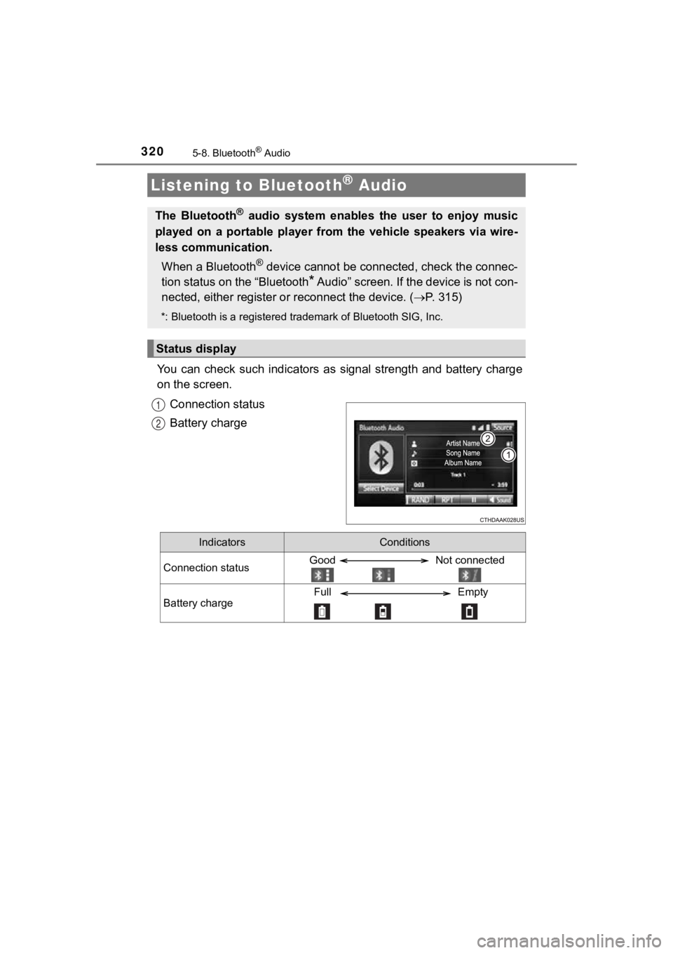TOYOTA COROLLA 2019  Owners Manual (in English) 3205-8. Bluetooth® Audio
You  can  check  such  indicators  as  signal  strength  and  battery  charge
on the screen.
Connection status
Battery charge
Listening to Bluetooth® Audio
The  Bluetooth® 