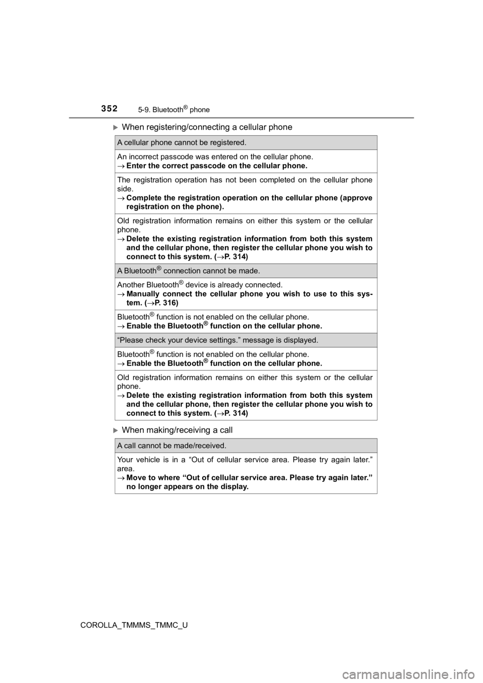 TOYOTA COROLLA 2019 Owners Manual (in English) 3525-9. Bluetooth® phone
COROLLA_TMMMS_TMMC_U
When registering/connecting a cellular phone
When making/receiving a call
A cellular phone cannot be registered.
An incorrect passcode was entered TOYOTA COROLLA 2019 Owners Manual (in English) 3525-9. Bluetooth® phone
COROLLA_TMMMS_TMMC_U
When registering/connecting a cellular phone
When making/receiving a call
A cellular phone cannot be registered.
An incorrect passcode was entered