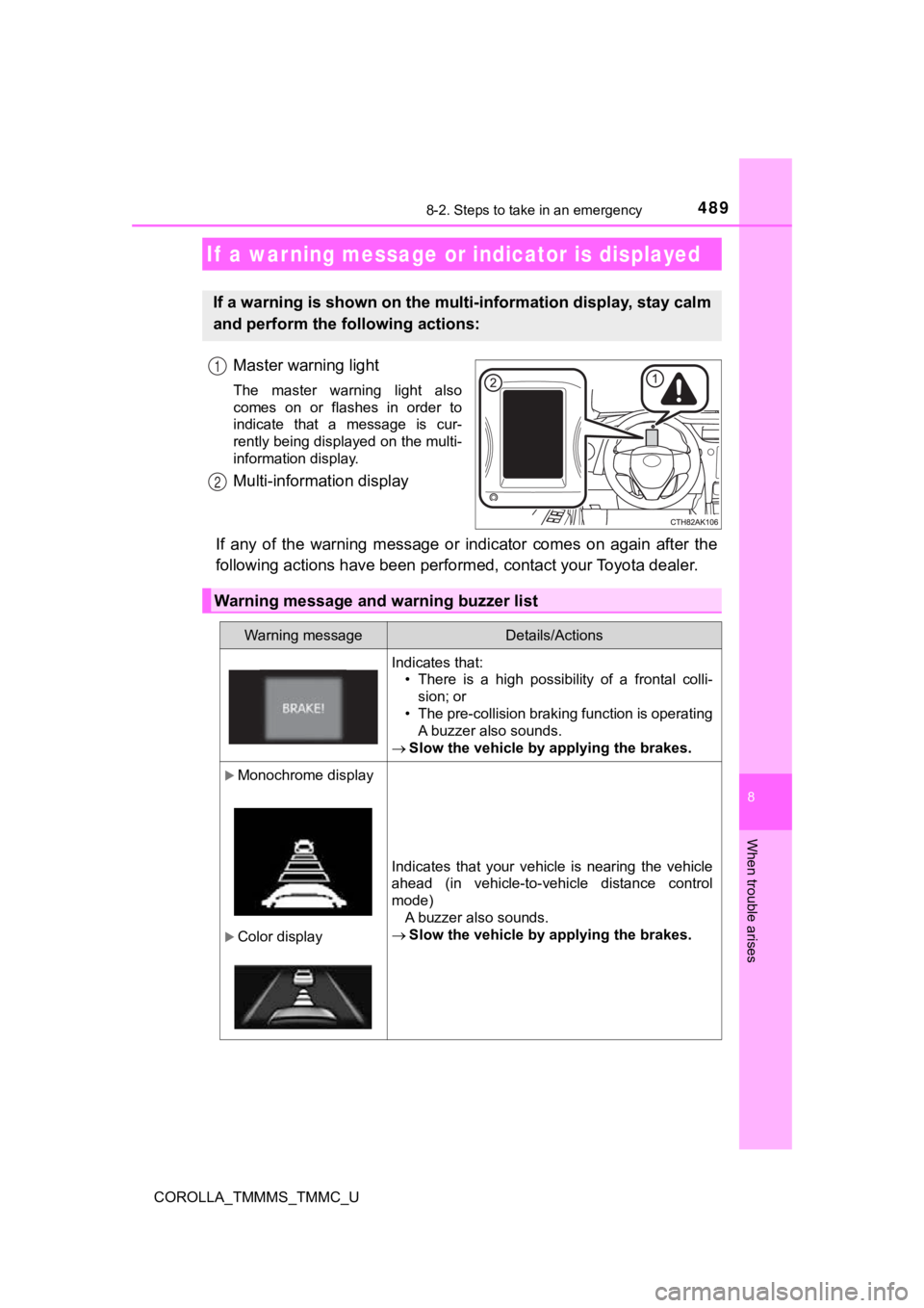 TOYOTA COROLLA 2019  Owners Manual (in English) 4898-2. Steps to take in an emergency
8
When trouble arises
COROLLA_TMMMS_TMMC_U
Master warning light
The  master  warning  light  also
comes  on  or  flashes  in  order  to
indicate  that  a  message