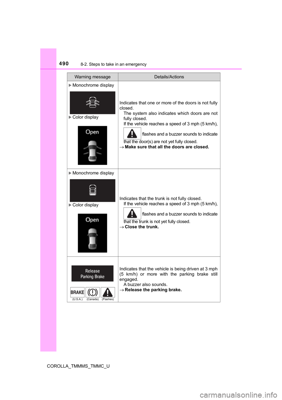 TOYOTA COROLLA 2019  Owners Manual (in English) 4908-2. Steps to take in an emergency
COROLLA_TMMMS_TMMC_U
Monochrome display
Color display
Indicates that one or more of the doors is not fully
closed.The  system  also  indicates  which  doors