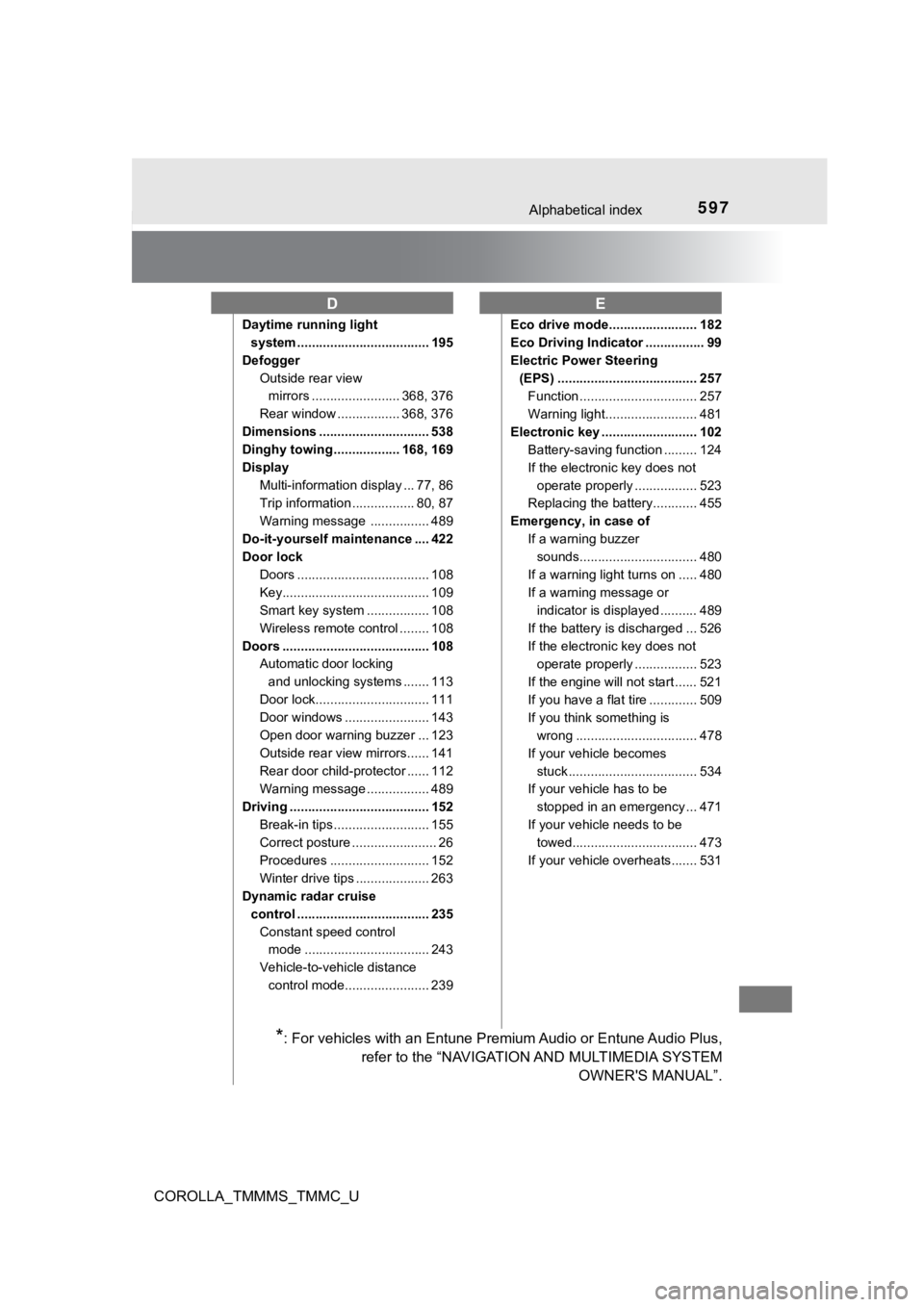 TOYOTA COROLLA 2019 Owners Manual (in English) 597Alphabetical index
COROLLA_TMMMS_TMMC_U
Daytime running light system .................................... 195
Defogger Outside rear view mirrors ........................ 368, 376
Rear window ...... TOYOTA COROLLA 2019 Owners Manual (in English) 597Alphabetical index
COROLLA_TMMMS_TMMC_U
Daytime running light system .................................... 195
Defogger Outside rear view mirrors ........................ 368, 376
Rear window ......