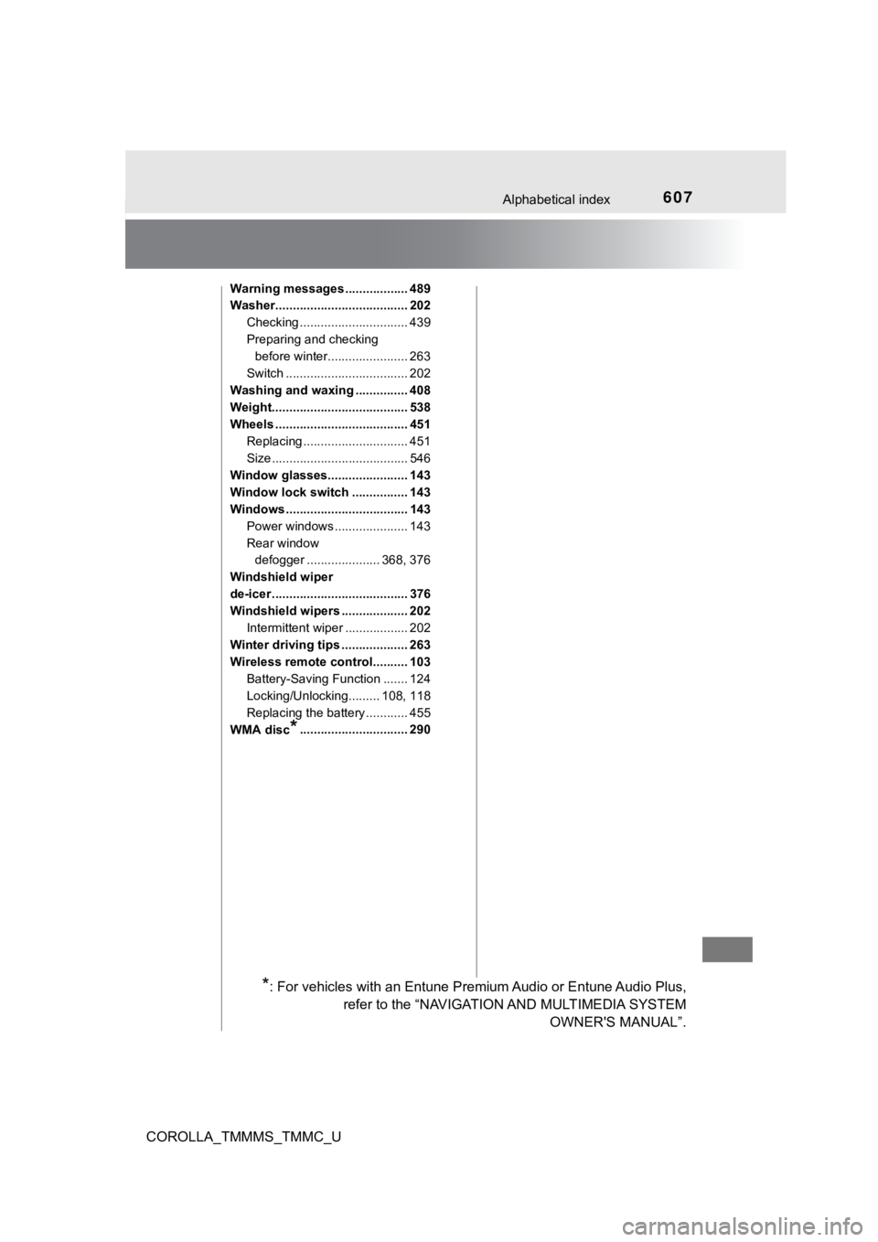 TOYOTA COROLLA 2019 Owners Manual (in English) 607Alphabetical index
COROLLA_TMMMS_TMMC_U
Warning messages .................. 489
Washer...................................... 202Checking ............................... 439
Preparing and checking b TOYOTA COROLLA 2019 Owners Manual (in English) 607Alphabetical index
COROLLA_TMMMS_TMMC_U
Warning messages .................. 489
Washer...................................... 202Checking ............................... 439
Preparing and checking b