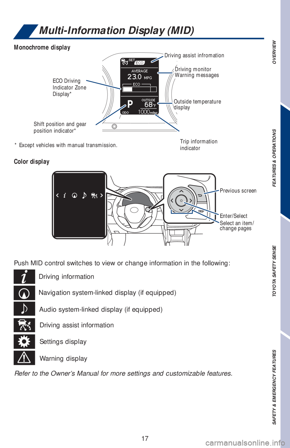 TOYOTA COROLLA 2019  Owners Manual (in English) 17
OVERVIEW FEATURES & OPERATIONS TOYOTA SAFETY SENSE SAFETY & EMERGENCY FEATURES
Multi-Information Display (MID)
Monochrome display
Color display
* Except vehicles with manual transmission.
Previous 