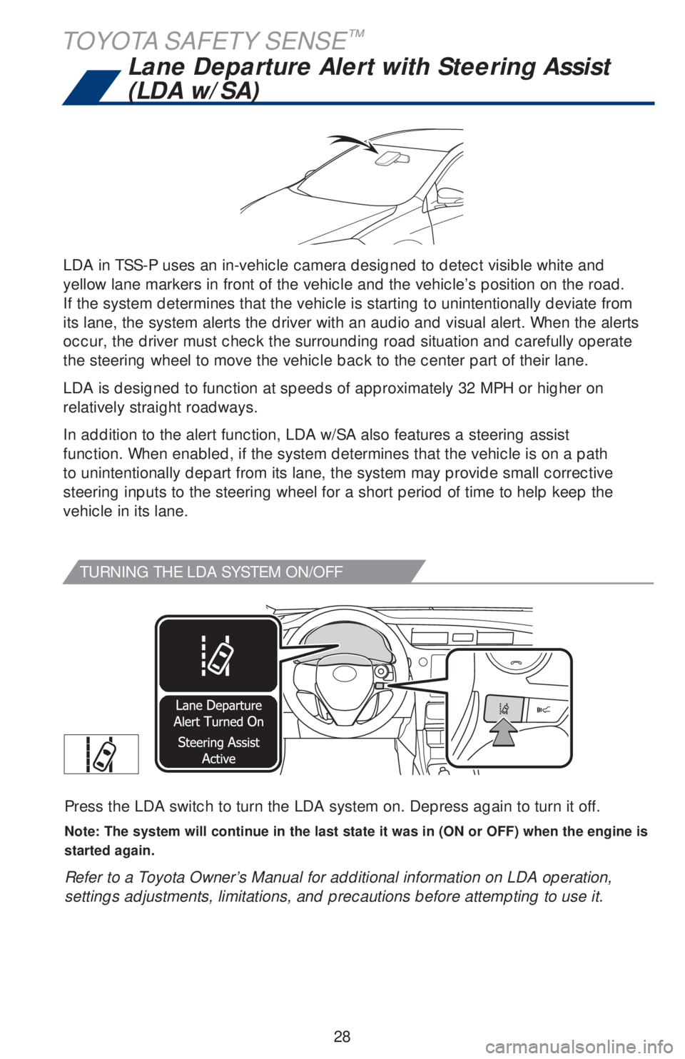 TOYOTA COROLLA 2019 (in English) Owners Manual 28
TURNING THE LDA SYSTEM ON/OFF
Press the LDA switch to turn the LDA system on. Depress again to turn it off.
Note: The system will continue in the last state it was in (ON or OFF) when the engine is TOYOTA COROLLA 2019 (in English) Owners Manual 28
TURNING THE LDA SYSTEM ON/OFF
Press the LDA switch to turn the LDA system on. Depress again to turn it off.
Note: The system will continue in the last state it was in (ON or OFF) when the engine is