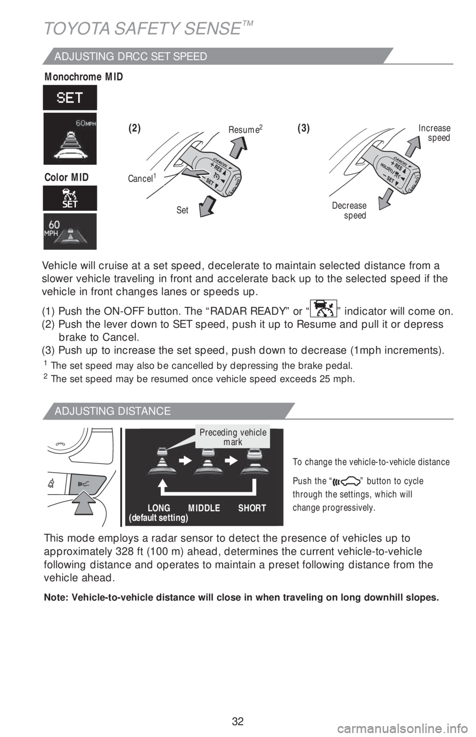 TOYOTA COROLLA 2019 (in English) Owners Guide 32
ADJUSTING DRCC SET SPEED
1
The set speed may also be cancelled by depressing the brake pedal.
2 The set speed may be resumed once vehicle speed exceeds 25 mph.
Vehicle will cruise at a set speed, TOYOTA COROLLA 2019 (in English) Owners Guide 32
ADJUSTING DRCC SET SPEED
1
The set speed may also be cancelled by depressing the brake pedal.
2 The set speed may be resumed once vehicle speed exceeds 25 mph.
Vehicle will cruise at a set speed,