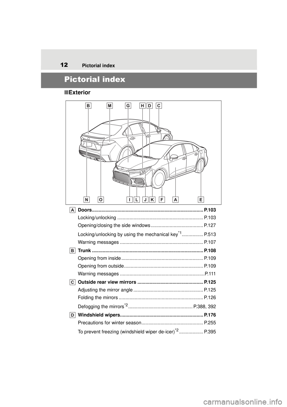 TOYOTA COROLLA 2020 Owners Manual (in English) 12Pictorial index
Pictorial index
■Exterior
Doors................................................................................... P.103
Locking/unlocking ......................................... TOYOTA COROLLA 2020 Owners Manual (in English) 12Pictorial index
Pictorial index
■Exterior
Doors................................................................................... P.103
Locking/unlocking .........................................