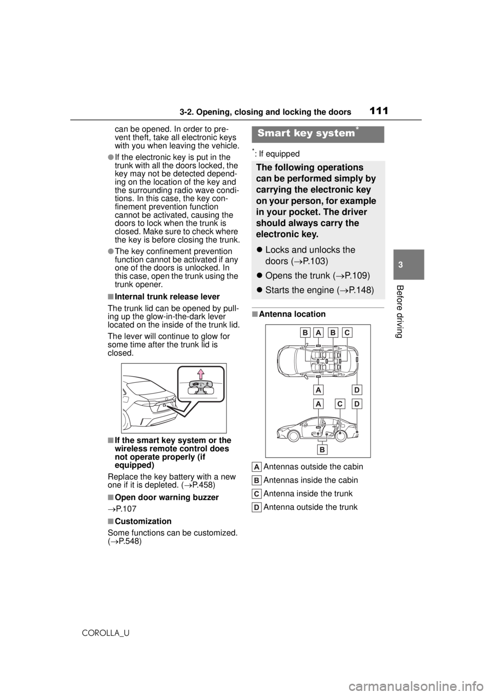 TOYOTA COROLLA 2020 Owners Manual (in English) 1113-2. Opening, closing and locking the doors
COROLLA_U
3
Before driving
can be opened. In order to pre-
vent theft, take all electronic keys
with you when leaving the vehicle.
●If the electronic TOYOTA COROLLA 2020 Owners Manual (in English) 1113-2. Opening, closing and locking the doors
COROLLA_U
3
Before driving
can be opened. In order to pre-
vent theft, take all electronic keys
with you when leaving the vehicle.
●If the electronic