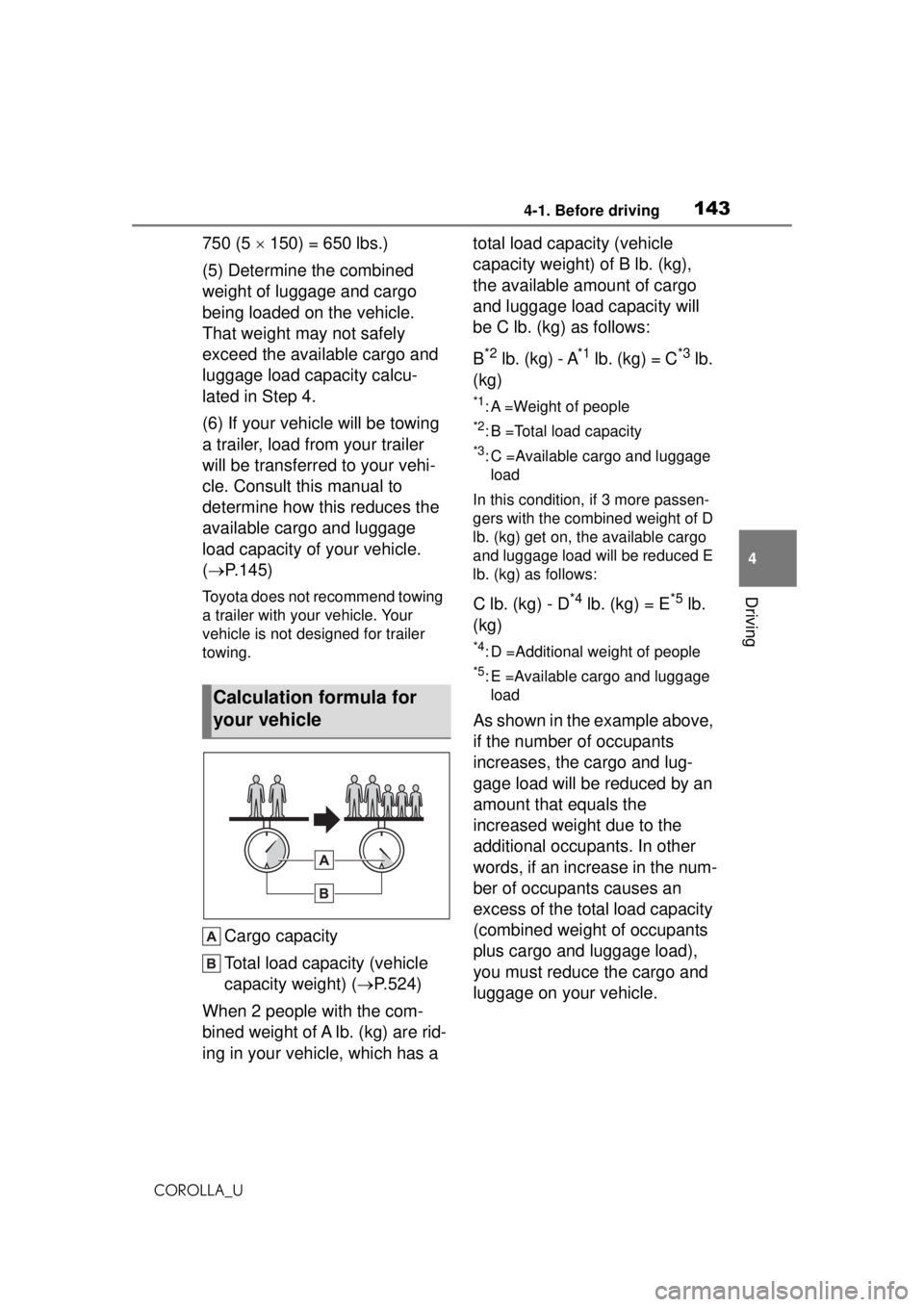 TOYOTA COROLLA 2020  Owners Manual (in English) 1434-1. Before driving
COROLLA_U
4
Driving
750 (5   150) = 650 lbs.)
(5) Determine the combined 
weight of luggage and cargo 
being loaded on the vehicle. 
That weight may not safely 
exceed the av