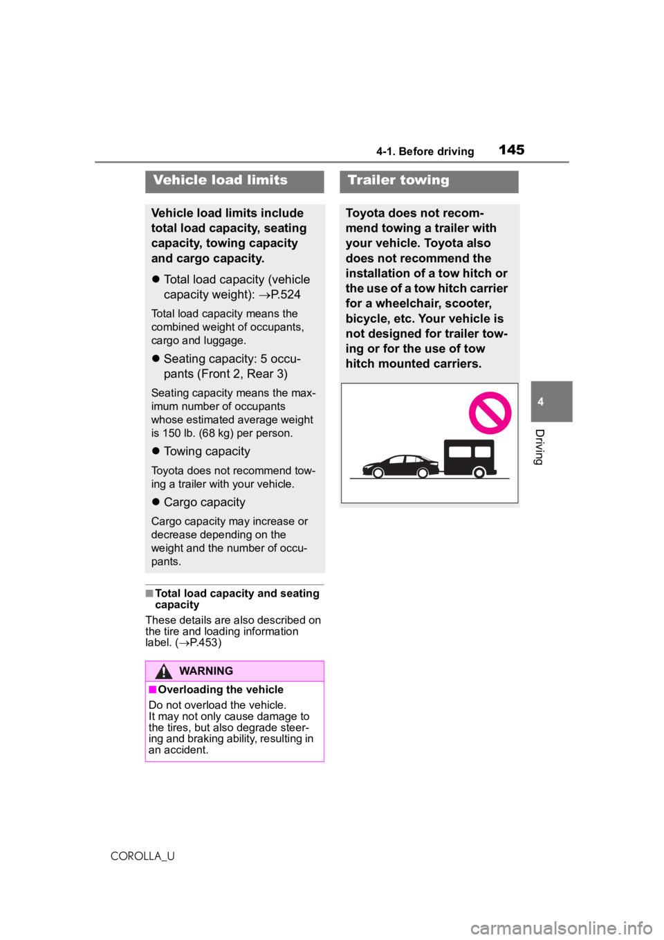 TOYOTA COROLLA 2020  Owners Manual (in English) 1454-1. Before driving
COROLLA_U
4
Driving
■Total load capacity and seating 
capacity
These details are also described on 
the tire and loading information 
label. ( P.453)
Vehicle load limits
Ve