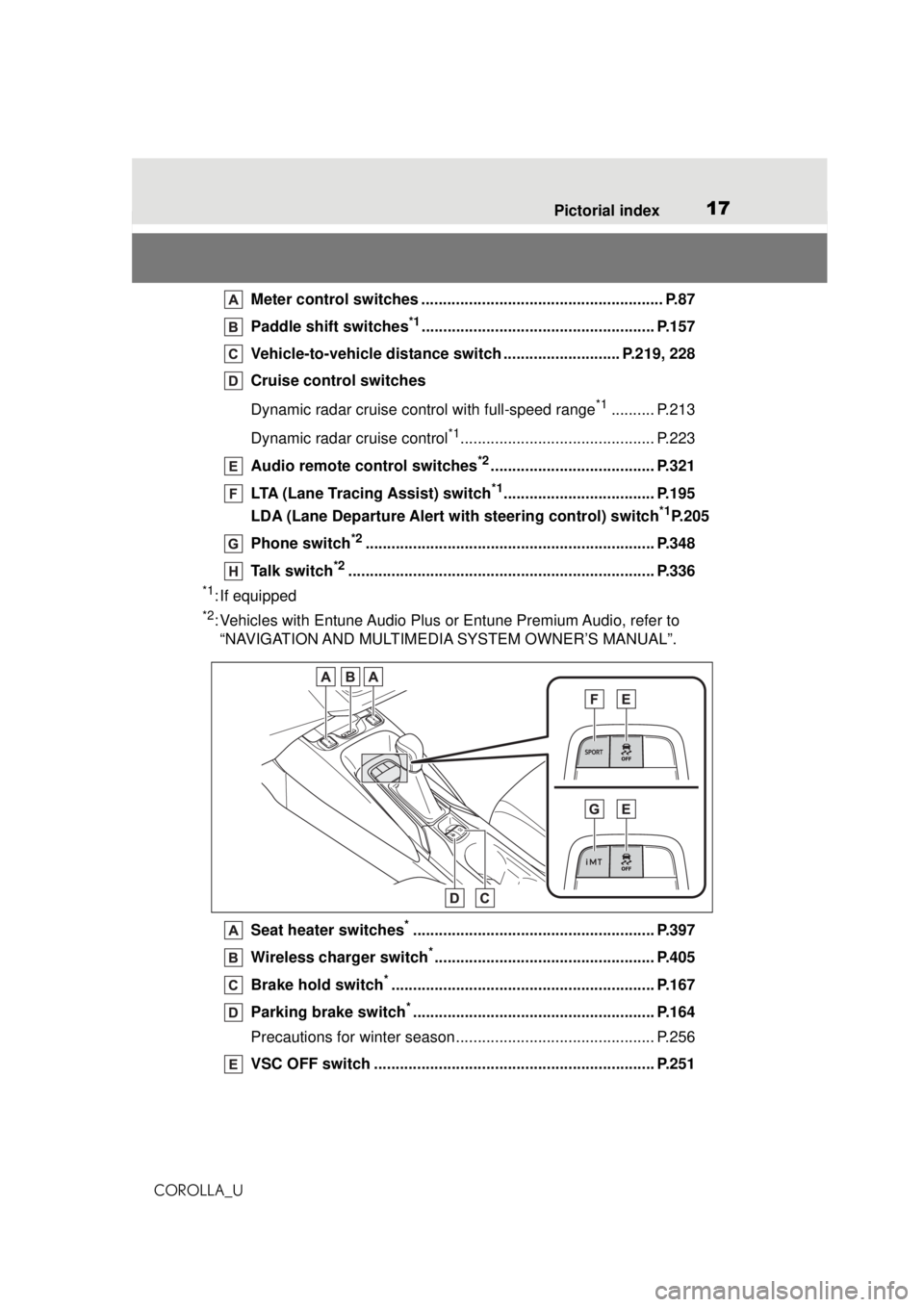 TOYOTA COROLLA 2020 Owners Manual (in English) 17Pictorial index
COROLLA_U
Meter control switches ............... ......................................... P.87
Paddle shift switches
*1...................................................... P.157
V TOYOTA COROLLA 2020 Owners Manual (in English) 17Pictorial index
COROLLA_U
Meter control switches ............... ......................................... P.87
Paddle shift switches
*1...................................................... P.157
V