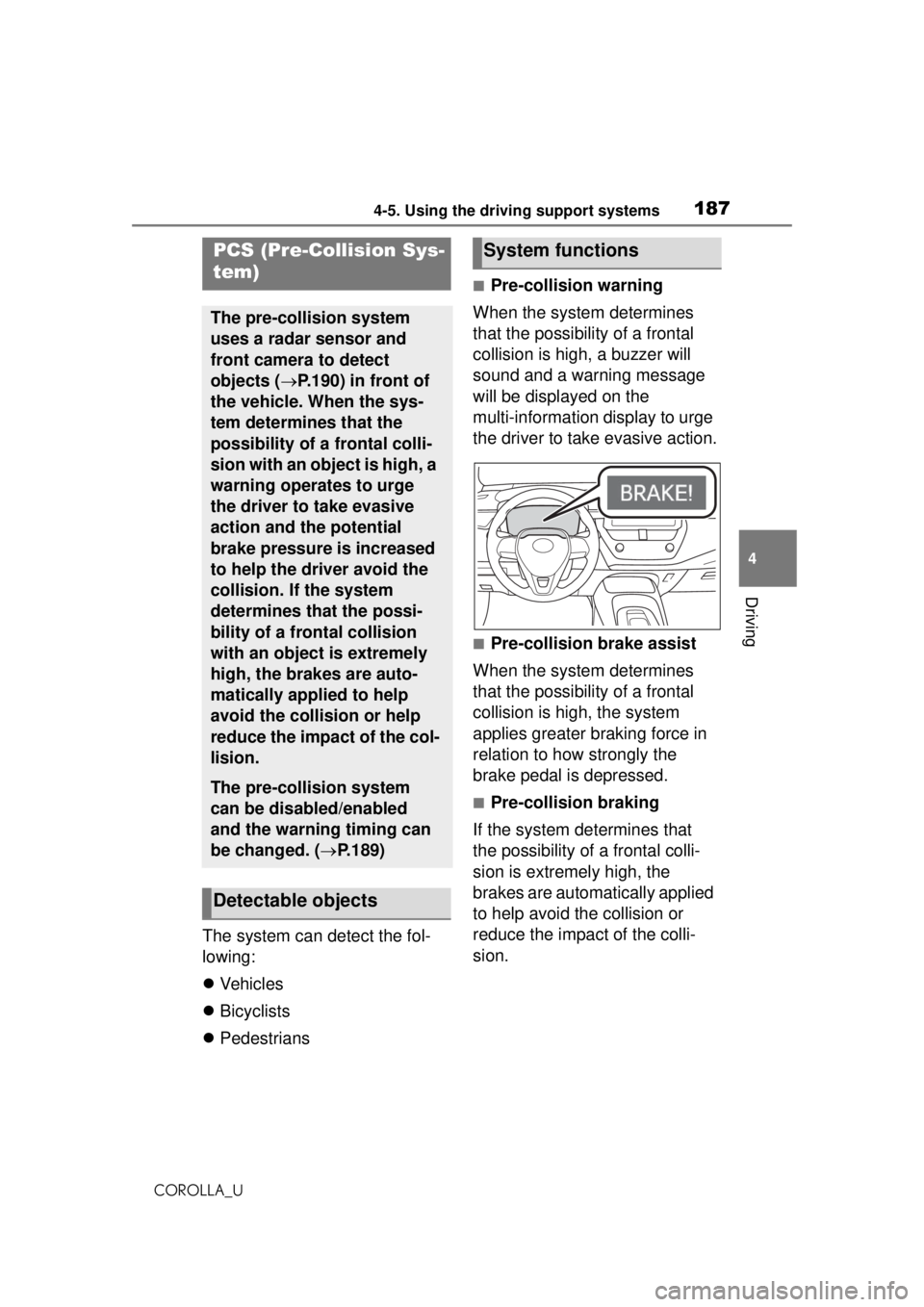 TOYOTA COROLLA 2020 (in English) User Guide 1874-5. Using the driving support systems
COROLLA_U
4
Driving
The system can detect the fol-
lowing:
Vehicles
Bicyclists
Pedestrians
■Pre-collision warning
When the system determines
th TOYOTA COROLLA 2020 (in English) User Guide 1874-5. Using the driving support systems
COROLLA_U
4
Driving
The system can detect the fol-
lowing:
Vehicles
Bicyclists
Pedestrians
■Pre-collision warning
When the system determines
th