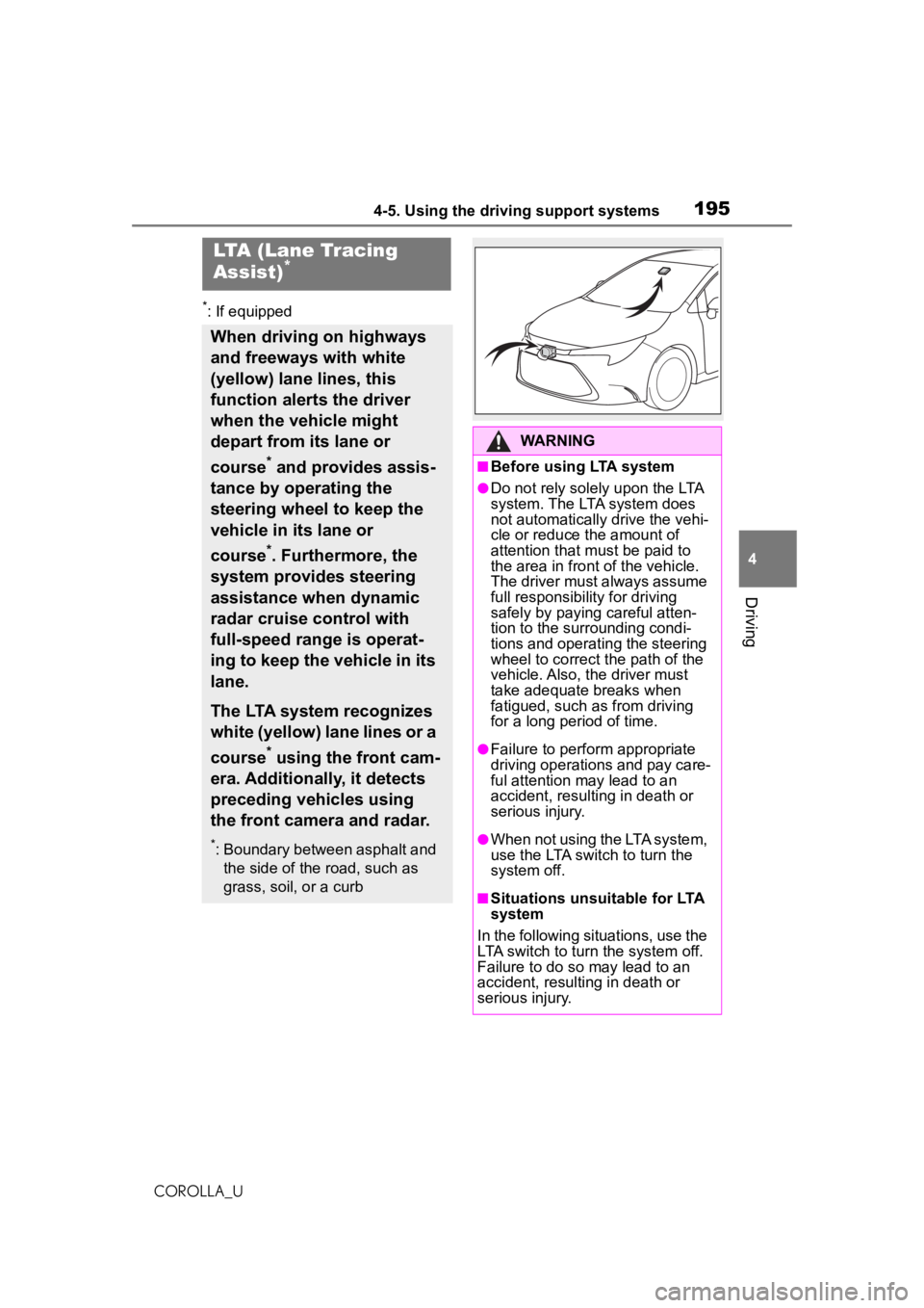 TOYOTA COROLLA 2020  Owners Manual (in English) 1954-5. Using the driving support systems
COROLLA_U
4
Driving
*: If equipped
LTA (Lane Tracing 
Assist)*
When driving on highways 
and freeways with white 
(yellow) lane lines, this 
function alerts t