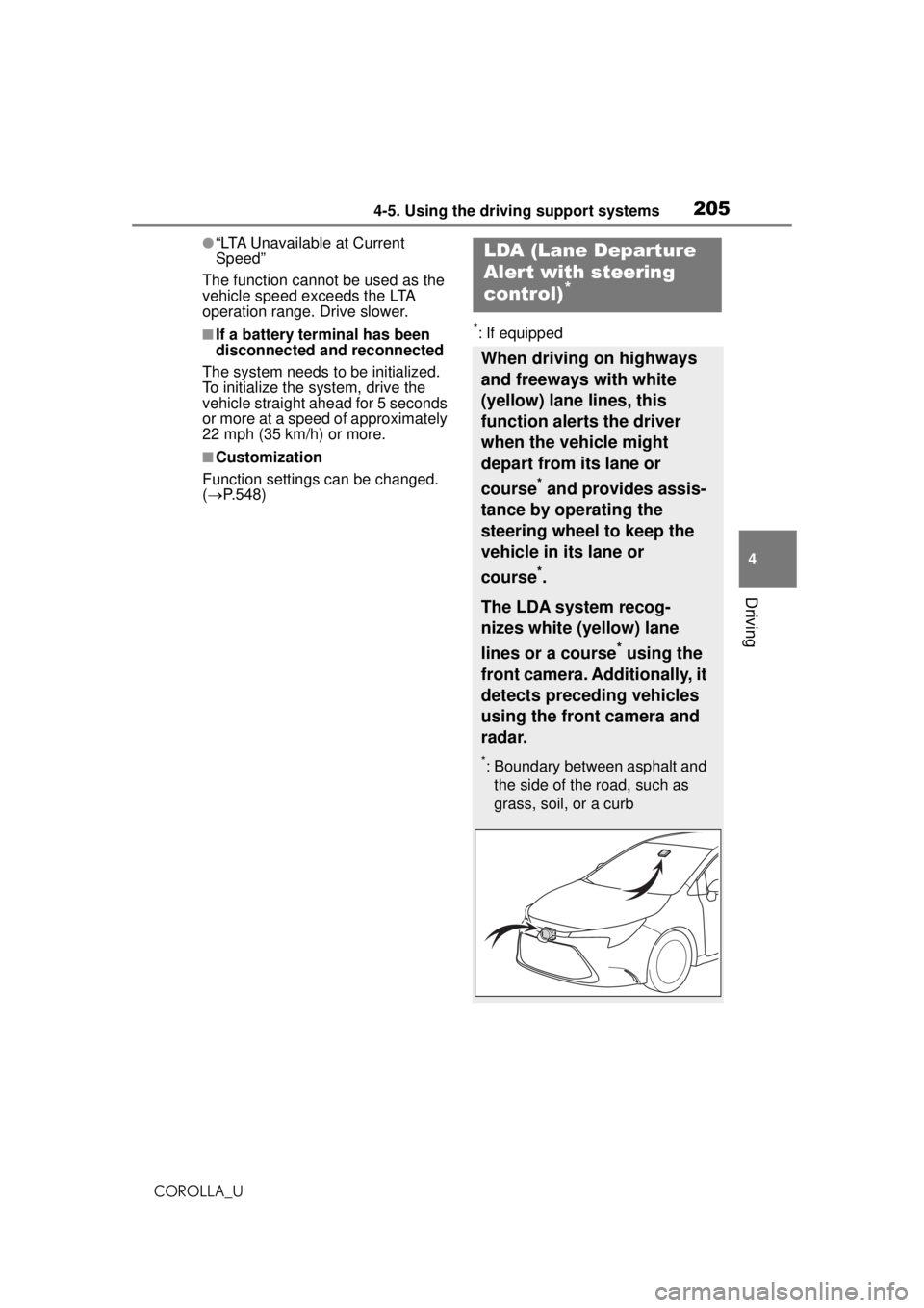 TOYOTA COROLLA 2020 Owners Manual (in English) 2054-5. Using the driving support systems
COROLLA_U
4
Driving
●“LTA Unavailable at Current
Speed”
The function cannot be used as the
vehicle speed exceeds the LTA
operation range. Drive slowe TOYOTA COROLLA 2020 Owners Manual (in English) 2054-5. Using the driving support systems
COROLLA_U
4
Driving
●“LTA Unavailable at Current
Speed”
The function cannot be used as the
vehicle speed exceeds the LTA
operation range. Drive slowe