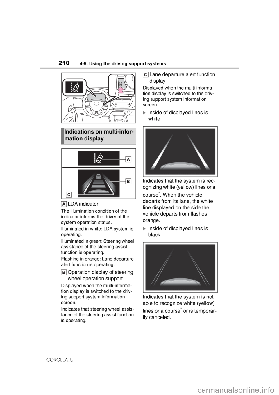 TOYOTA COROLLA 2020 Owners Manual (in English) 2104-5. Using the driving support systems
COROLLA_U
LDA indicator
The illumination condition of the
indicator informs th e driver of the
system operation status.
Illuminated in white: LDA system is TOYOTA COROLLA 2020 Owners Manual (in English) 2104-5. Using the driving support systems
COROLLA_U
LDA indicator
The illumination condition of the
indicator informs th e driver of the
system operation status.
Illuminated in white: LDA system is