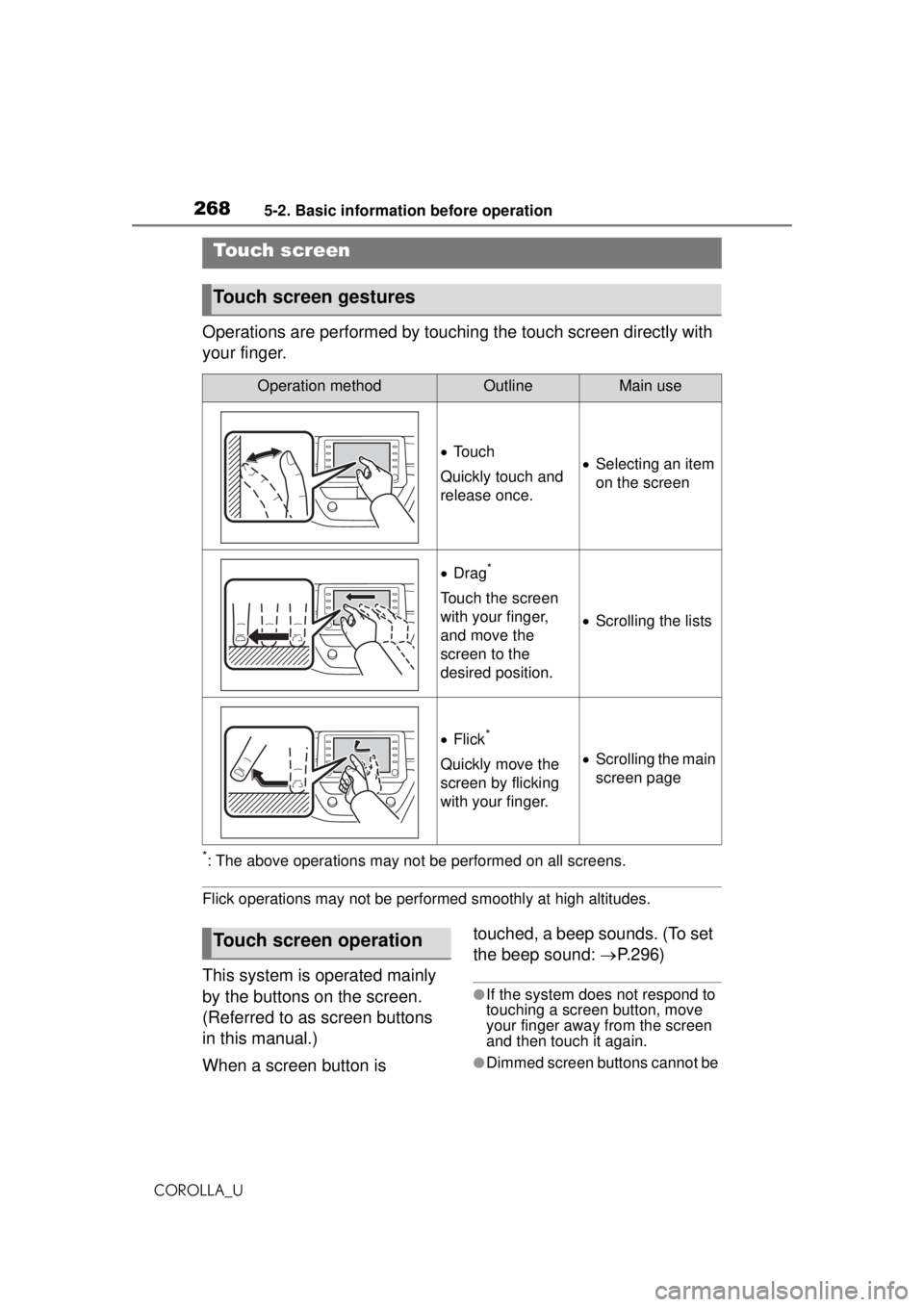 TOYOTA COROLLA 2020  Owners Manual (in English) 2685-2. Basic information before operation
COROLLA_U
Operations are performed by touching the touch screen directly with 
your finger.
*: The above operations may not be performed on all screens.
Flic