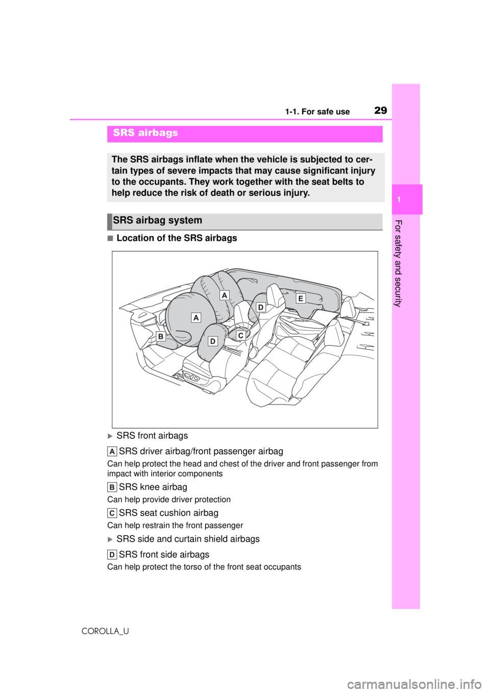 TOYOTA COROLLA 2020   (in English) Owners Manual 291-1. For safe use
COROLLA_U
1
For safety and security
■Location of the SRS airbags
SRS front airbags SRS driver airbag/front passenger airbag
Can help protect the head and chest of the driver a
