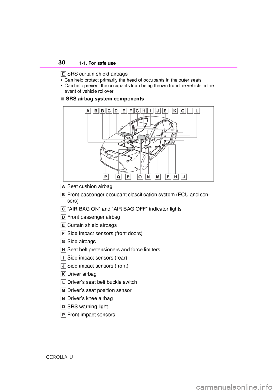 TOYOTA COROLLA 2020 Owners Manual (in English) 301-1. For safe use
COROLLA_U
SRS curtain shield airbags
• Can help protect primarily the head of occupants in the outer seats
• Can help prevent the occupants from being thrown from the vehicle i TOYOTA COROLLA 2020 Owners Manual (in English) 301-1. For safe use
COROLLA_U
SRS curtain shield airbags
• Can help protect primarily the head of occupants in the outer seats
• Can help prevent the occupants from being thrown from the vehicle i
