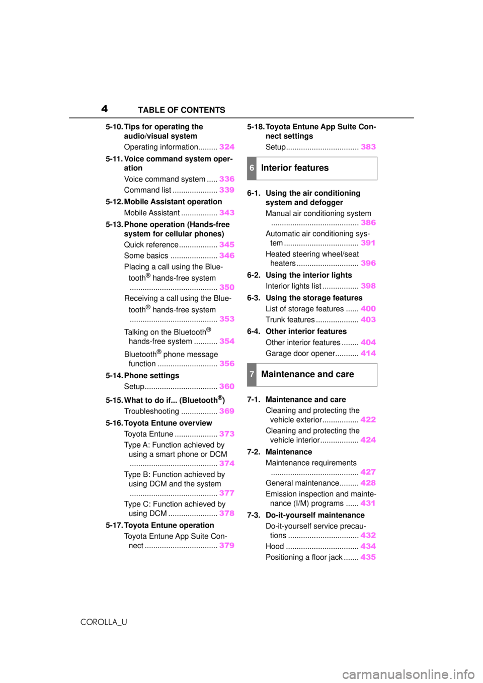 TOYOTA COROLLA 2020  Owners Manual (in English) 4TABLE OF CONTENTS
COROLLA_U
5-10. Tips for operating the audio/visual system 
Operating information......... 324
5-11. Voice command system oper- ation 
Voice command system ..... 336
Command list ..