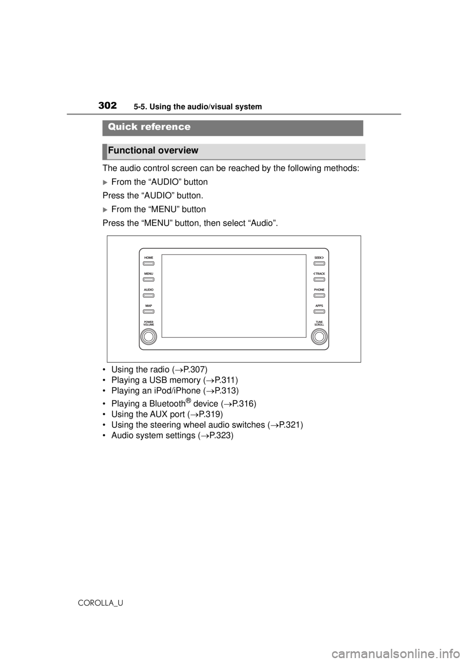 TOYOTA COROLLA 2020 Owners Manual (in English) 3025-5. Using the audio/visual system
COROLLA_U
5-5.Using the audio/visual system
The audio control screen can be reached by the following methods:
From the “AUDIO” button
Press the “AUDIO” TOYOTA COROLLA 2020 Owners Manual (in English) 3025-5. Using the audio/visual system
COROLLA_U
5-5.Using the audio/visual system
The audio control screen can be reached by the following methods:
From the “AUDIO” button
Press the “AUDIO”