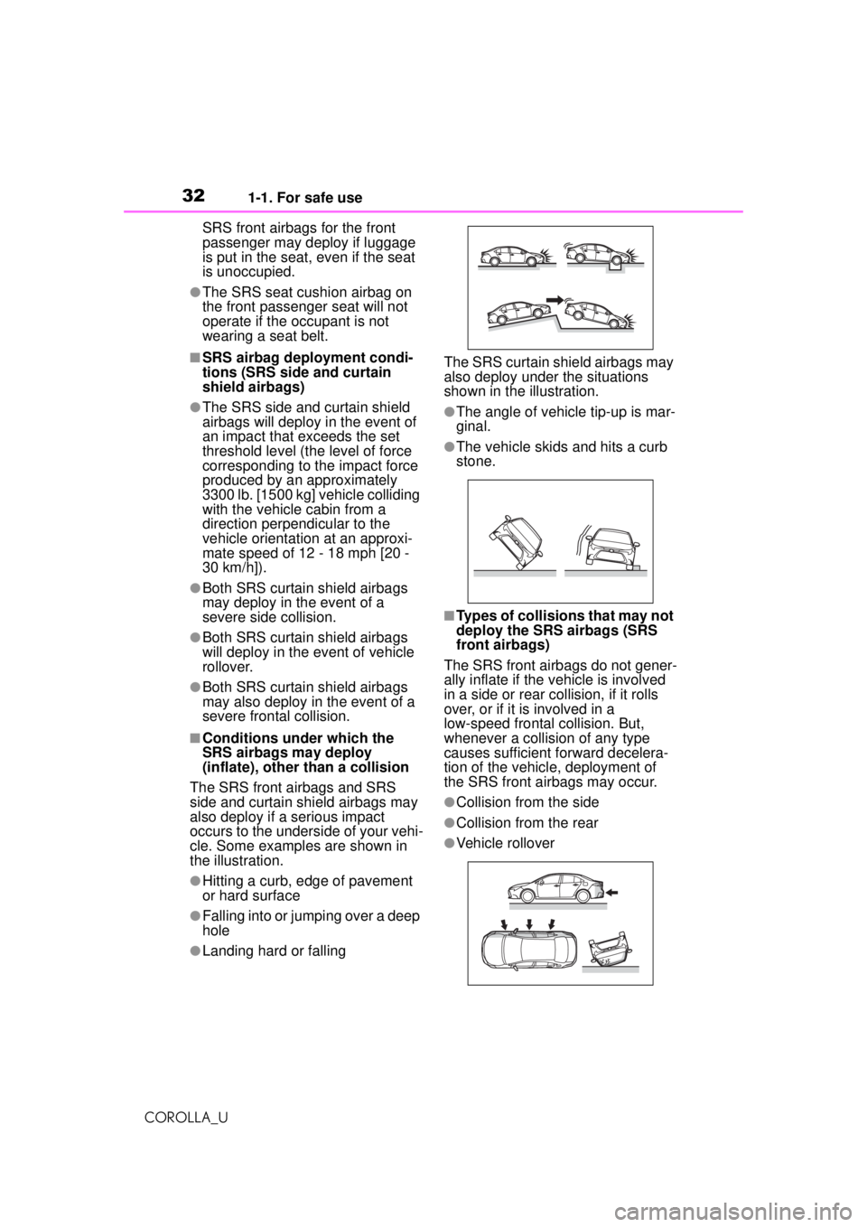 TOYOTA COROLLA 2020  Owners Manual (in English) 321-1. For safe use
COROLLA_USRS front airbags for the front 
passenger may deploy if luggage 
is put in the seat, even if the seat 
is unoccupied.
●The SRS seat cushion airbag on 
the front passen
