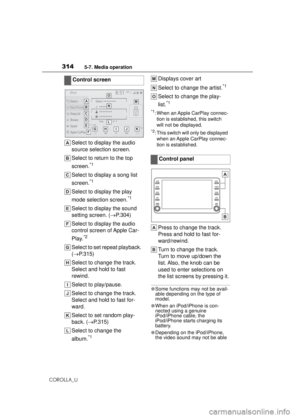 TOYOTA COROLLA 2020  Owners Manual (in English) 3145-7. Media operation
COROLLA_U
Select to display the audio 
source selection screen.
Select to return to the top 
screen.
*1
Select to display a song list 
screen.
*1
Select to display the play 
mo