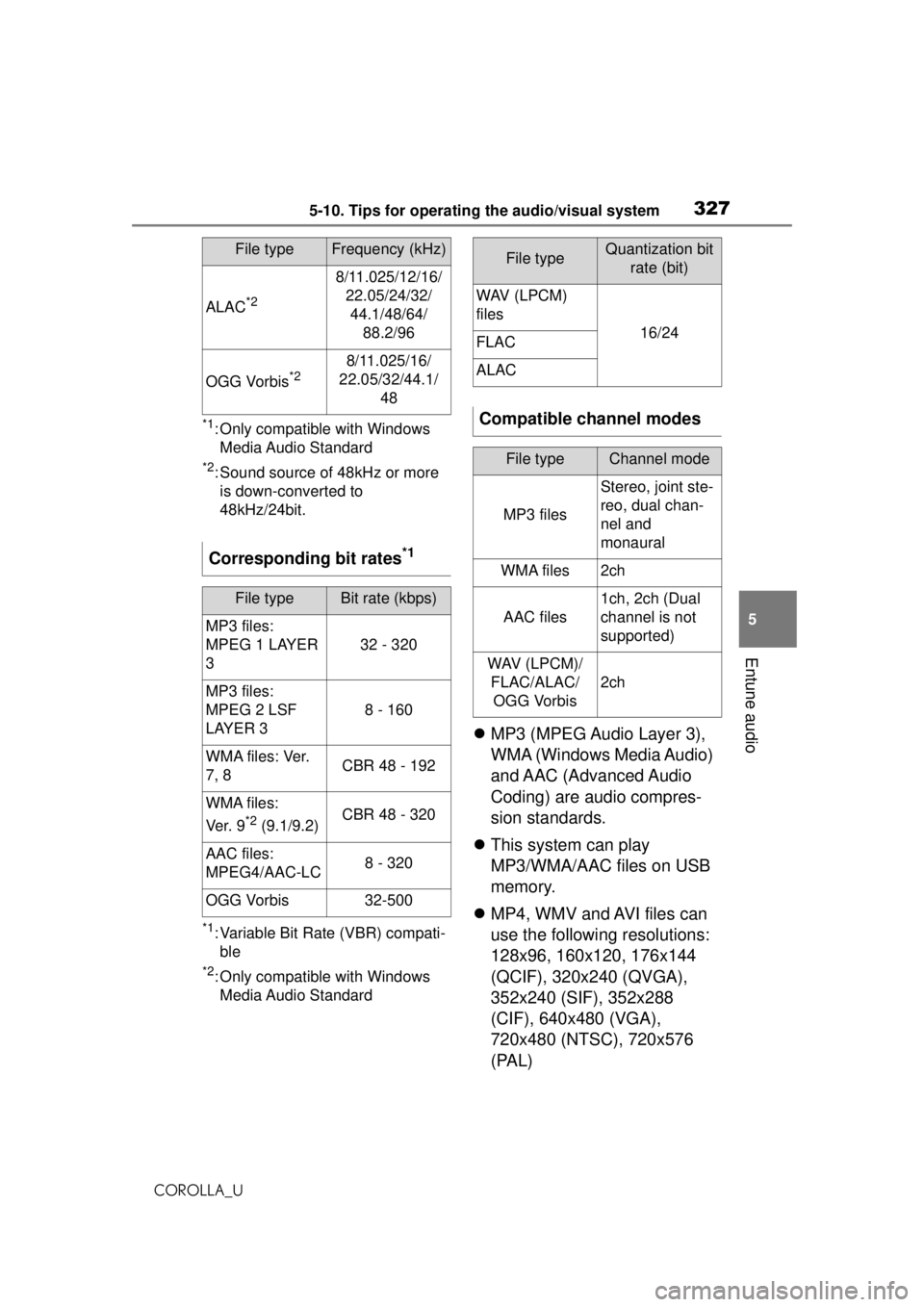 TOYOTA COROLLA 2020 Owners Manual (in English) 3275-10. Tips for operating the audio/visual system
COROLLA_U
5
Entune audio
*1: Only compatible with Windows Media Audio Standard
*2: Sound source of 48kHz or more is down-converted to
48kHz/24bit TOYOTA COROLLA 2020 Owners Manual (in English) 3275-10. Tips for operating the audio/visual system
COROLLA_U
5
Entune audio
*1: Only compatible with Windows Media Audio Standard
*2: Sound source of 48kHz or more is down-converted to
48kHz/24bit