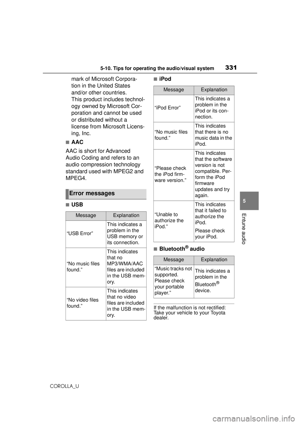 TOYOTA COROLLA 2020 Owners Manual (in English) 3315-10. Tips for operating the audio/visual system
COROLLA_U
5
Entune audio
mark of Microsoft Corpora-
tion in the United States
and/or other countries.
This product includes technol-
ogy owned by TOYOTA COROLLA 2020 Owners Manual (in English) 3315-10. Tips for operating the audio/visual system
COROLLA_U
5
Entune audio
mark of Microsoft Corpora-
tion in the United States
and/or other countries.
This product includes technol-
ogy owned by