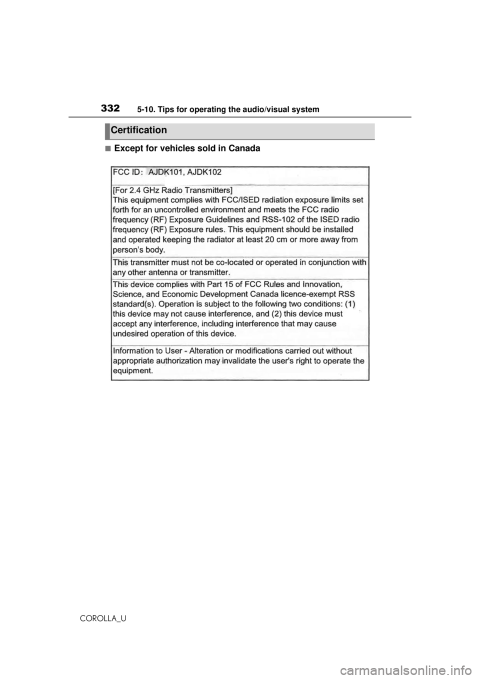 TOYOTA COROLLA 2020 Owners Manual (in English) 3325-10. Tips for operating the audio/visual system
COROLLA_U
■Except for vehicles sold in Canada
Certification TOYOTA COROLLA 2020 Owners Manual (in English) 3325-10. Tips for operating the audio/visual system
COROLLA_U
■Except for vehicles sold in Canada
Certification