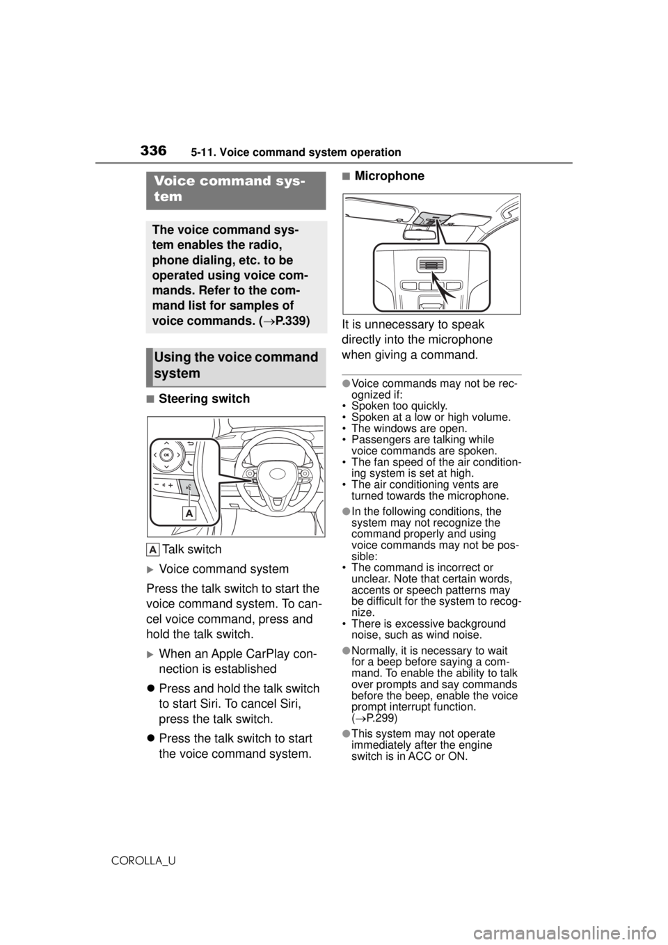 TOYOTA COROLLA 2020 Owners Manual (in English) 3365-11. Voice command system operation
COROLLA_U
5-11.Voice command system operation
■Steering switchTalk switch
Voice command system
Press the talk switch to start the
voice command system. T TOYOTA COROLLA 2020 Owners Manual (in English) 3365-11. Voice command system operation
COROLLA_U
5-11.Voice command system operation
■Steering switchTalk switch
Voice command system
Press the talk switch to start the
voice command system. T