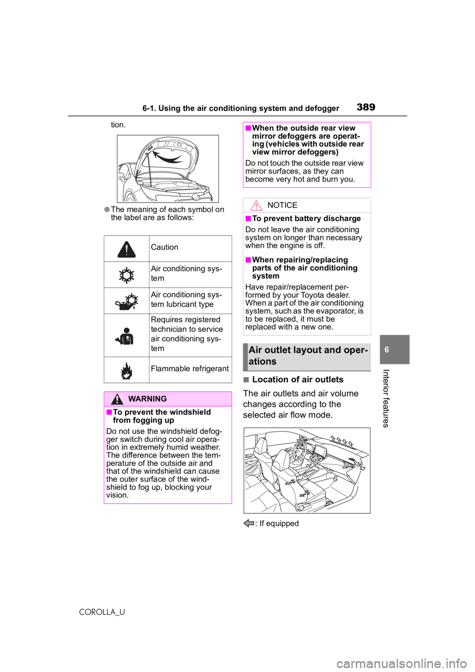 TOYOTA COROLLA 2020 Owners Manual (in English) 3896-1. Using the air conditioning system and defogger
COROLLA_U
6
Interior features
tion.
●The meaning of each symbol on
the label are as follows:
■Location of air outlets
The air outlets and ai TOYOTA COROLLA 2020 Owners Manual (in English) 3896-1. Using the air conditioning system and defogger
COROLLA_U
6
Interior features
tion.
●The meaning of each symbol on
the label are as follows:
■Location of air outlets
The air outlets and ai