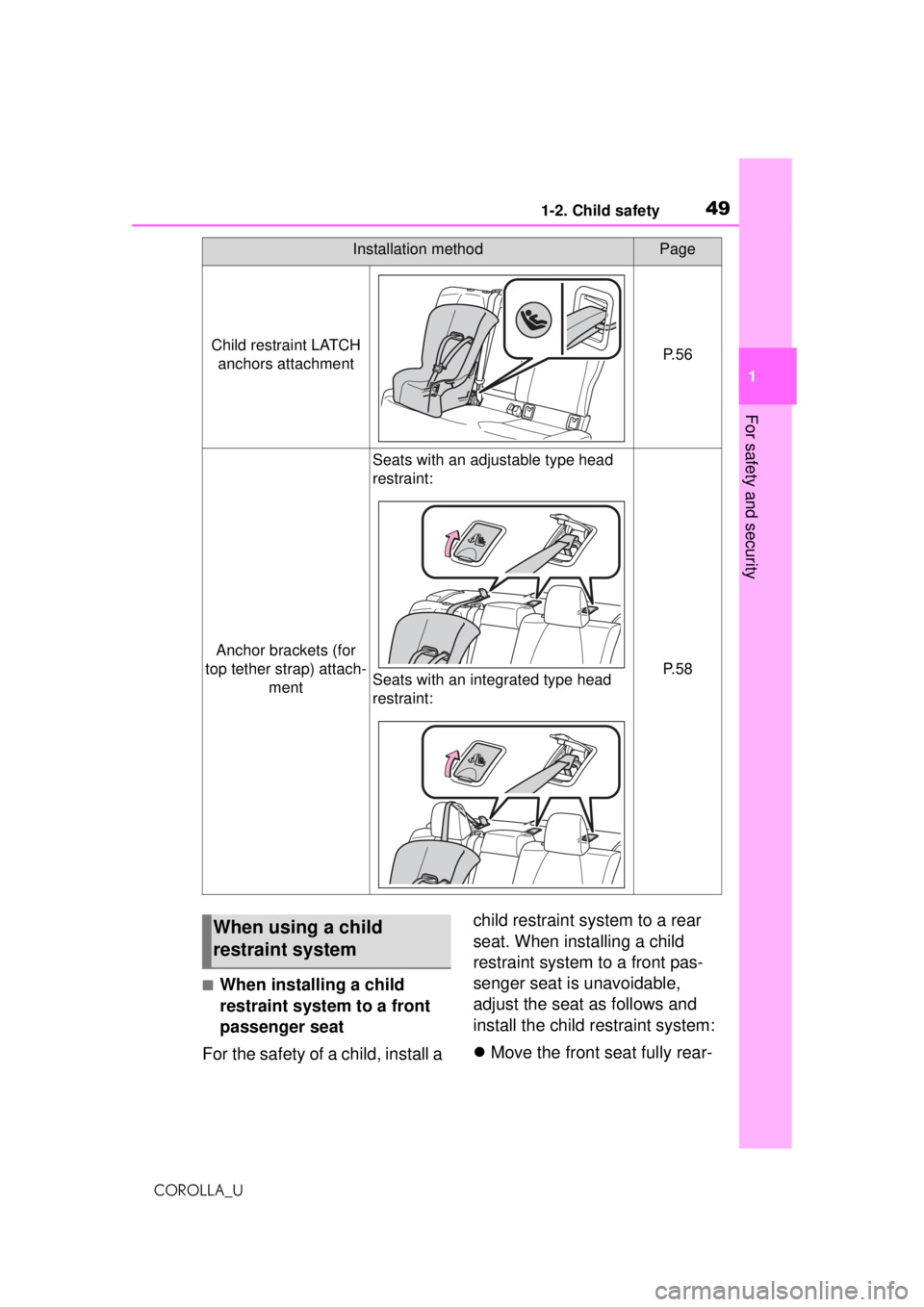 TOYOTA COROLLA 2020 (in English) Service Manual 491-2. Child safety
COROLLA_U
1
For safety and security
■When installing a child
restraint system to a front
passenger seat
For the safety of a child, install a child restraint system to a rear
TOYOTA COROLLA 2020 (in English) Service Manual 491-2. Child safety
COROLLA_U
1
For safety and security
■When installing a child
restraint system to a front
passenger seat
For the safety of a child, install a child restraint system to a rear