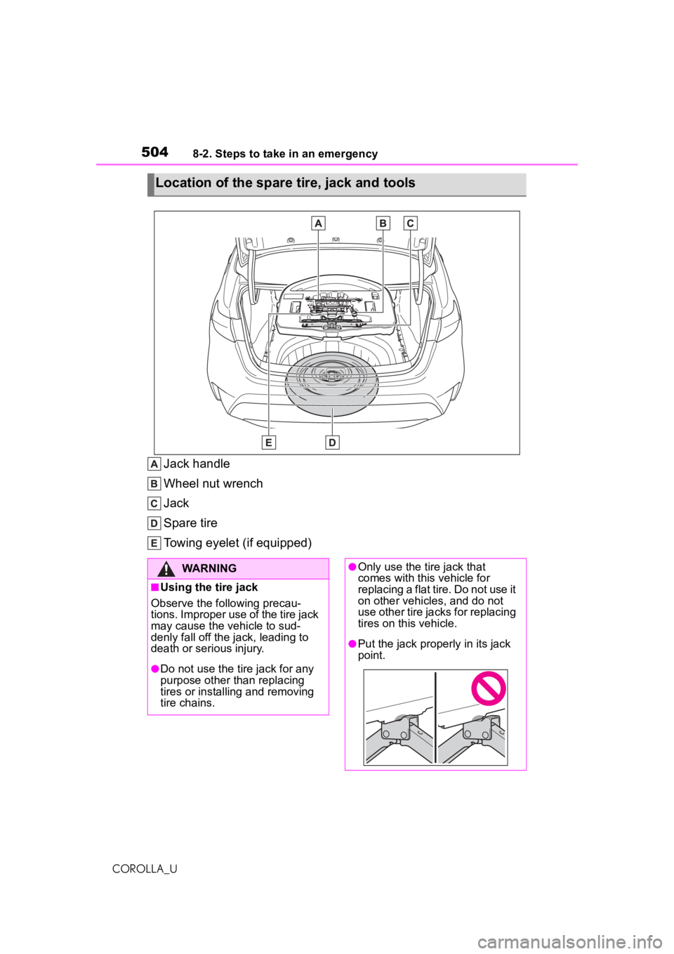 TOYOTA COROLLA 2020 Owners Manual (in English) 5048-2. Steps to take in an emergency
COROLLA_U
Jack handle
Wheel nut wrench
Jack
Spare tire
Towing eyelet (if equipped)
Location of the spare tire, jack and tools
WARNING
■Using the tire jack
Obser TOYOTA COROLLA 2020 Owners Manual (in English) 5048-2. Steps to take in an emergency
COROLLA_U
Jack handle
Wheel nut wrench
Jack
Spare tire
Towing eyelet (if equipped)
Location of the spare tire, jack and tools
WARNING
■Using the tire jack
Obser
