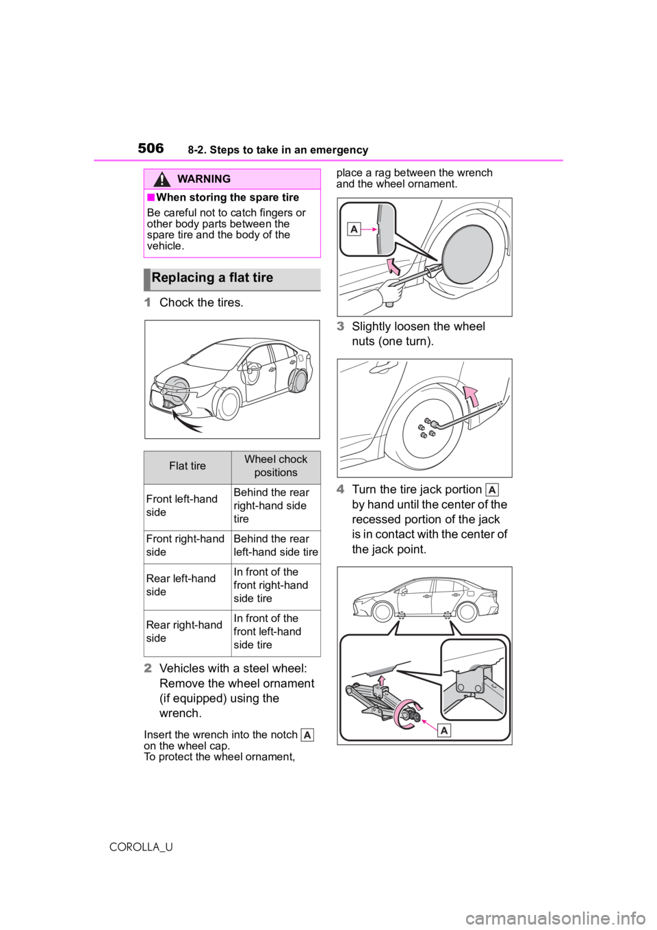 TOYOTA COROLLA 2020 Owners Manual (in English) 5068-2. Steps to take in an emergency
COROLLA_U
1Chock the tires.
2 Vehicles with a steel wheel:
Remove the wheel ornament
(if equipped) using the
wrench.
Insert the wrench into the notch
on the TOYOTA COROLLA 2020 Owners Manual (in English) 5068-2. Steps to take in an emergency
COROLLA_U
1Chock the tires.
2 Vehicles with a steel wheel:
Remove the wheel ornament
(if equipped) using the
wrench.
Insert the wrench into the notch
on the