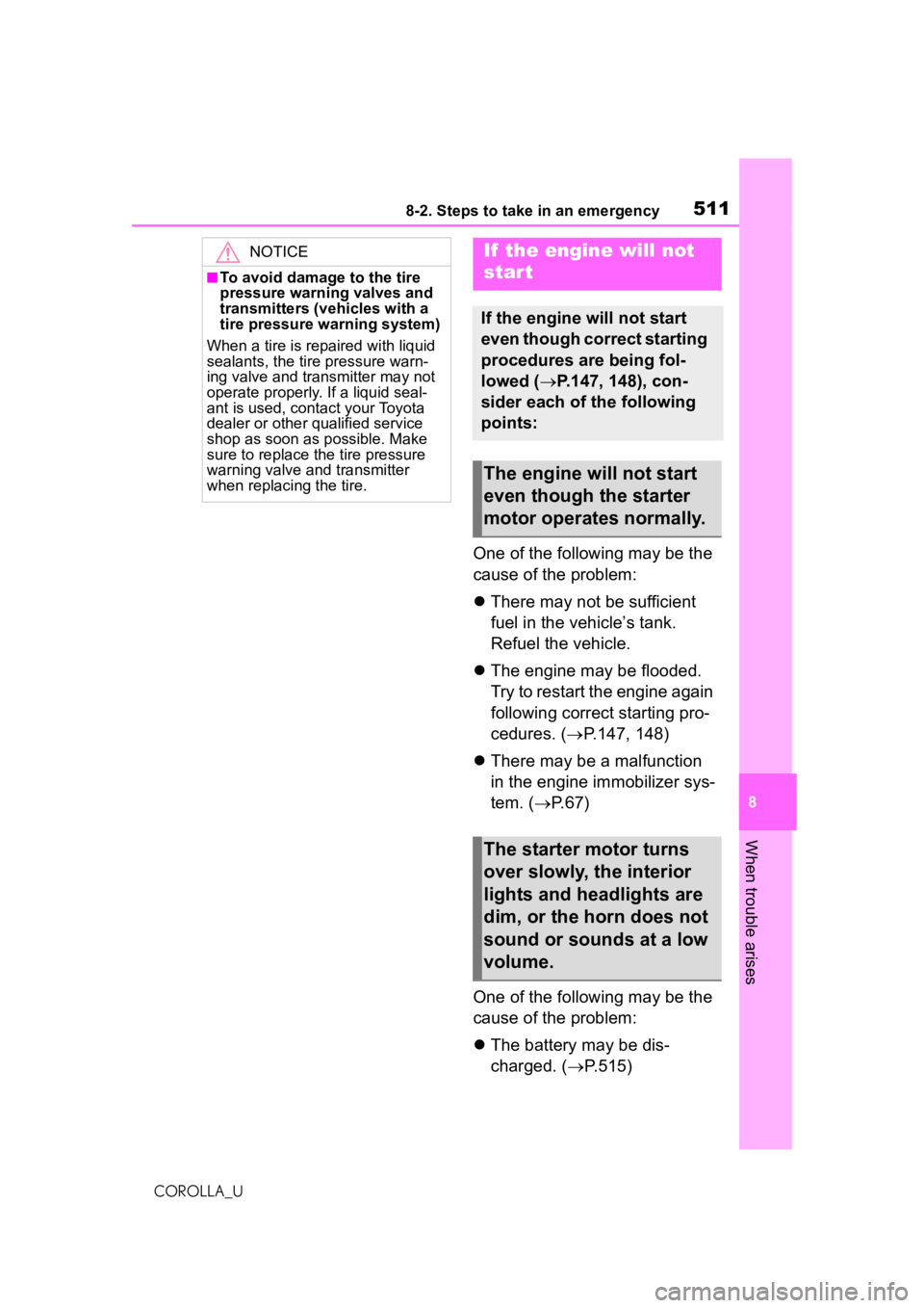 TOYOTA COROLLA 2020  Owners Manual (in English) 5118-2. Steps to take in an emergency
COROLLA_U
8
When trouble arises
One of the following may be the 
cause of the problem:
 There may not be sufficient 
fuel in the vehicle’s tank. 
Refuel the 