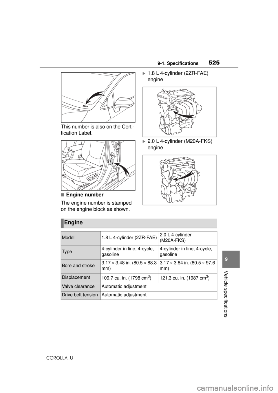 TOYOTA COROLLA 2020  Owners Manual (in English) 5259-1. Specifications
COROLLA_U
9
Vehicle specifications
This number is also on the Certi-
fication Label.
■Engine number
The engine number is stamped 
on the engine block as shown.
1.8 L 4-cyli