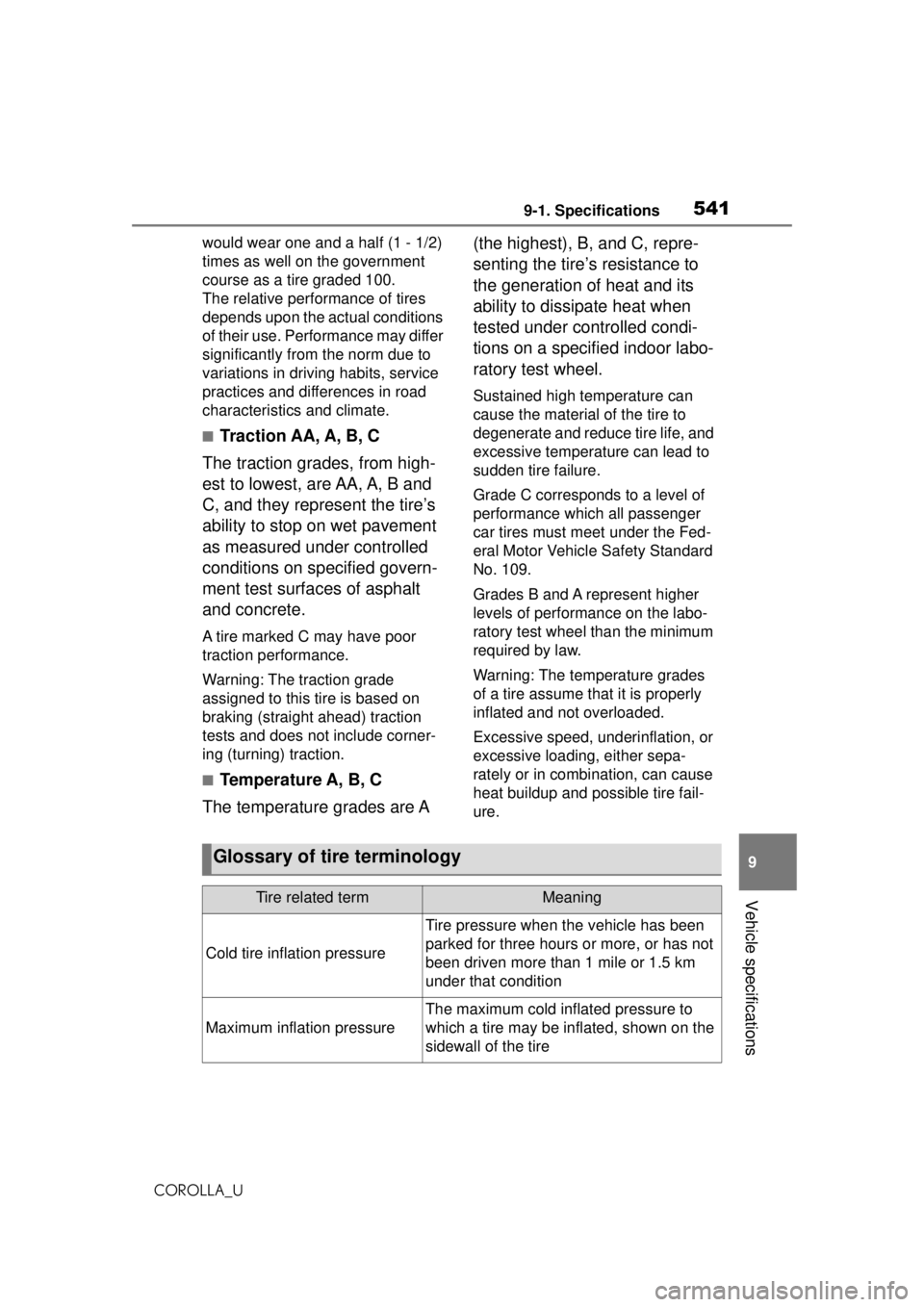 TOYOTA COROLLA 2020  Owners Manual (in English) 5419-1. Specifications
COROLLA_U
9
Vehicle specifications
would wear one and a half (1 - 1/2) 
times as well on the government 
course as a tire graded 100.
The relative performance of tires 
depends 
