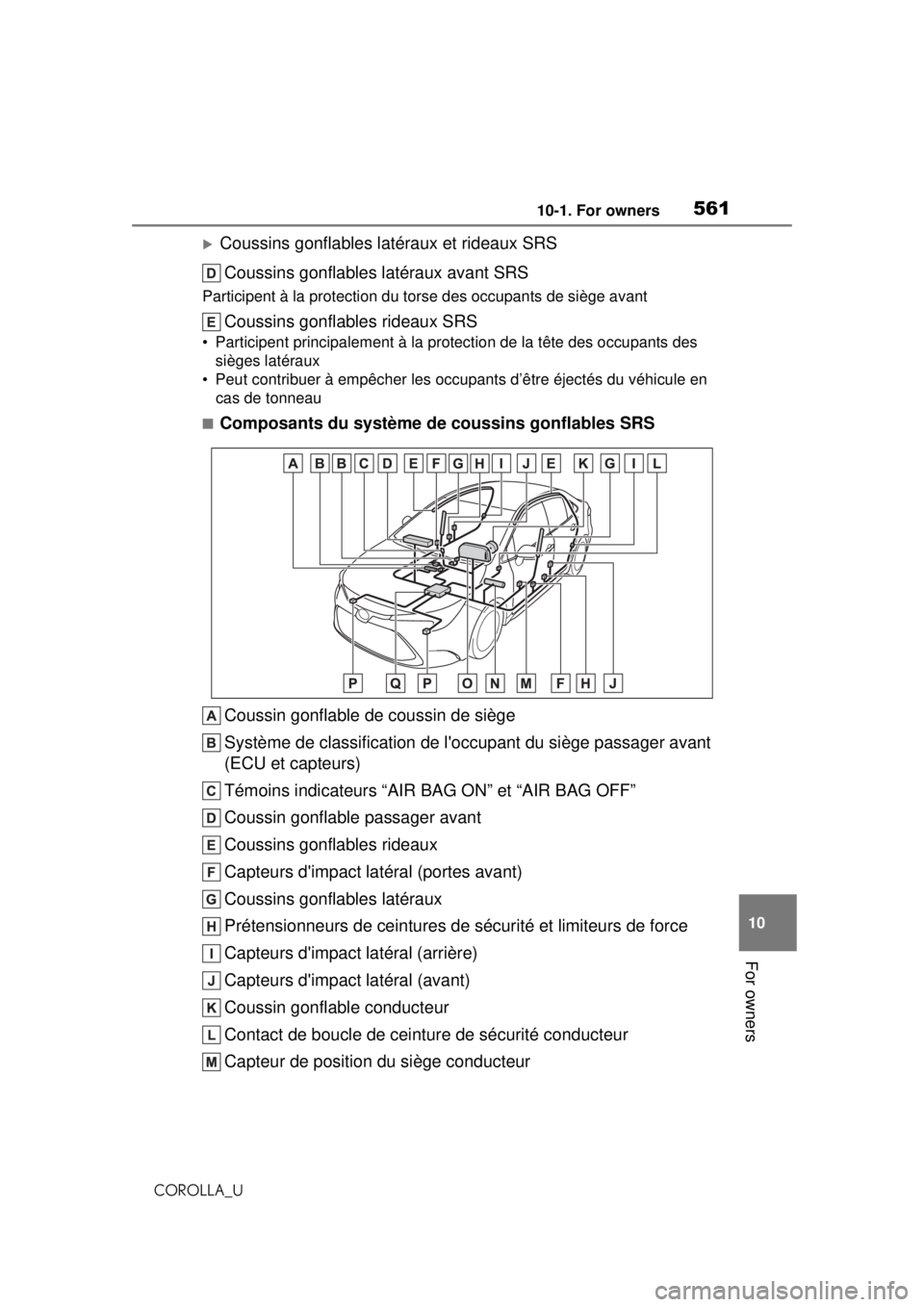 TOYOTA COROLLA 2020  Owners Manual (in English) 56110-1. For owners
COROLLA_U
10
For owners
Coussins gonflables latéraux et rideaux SRS Coussins gonflables latéraux avant SRS
Participent à la protection du to rse des occupants de siège avant