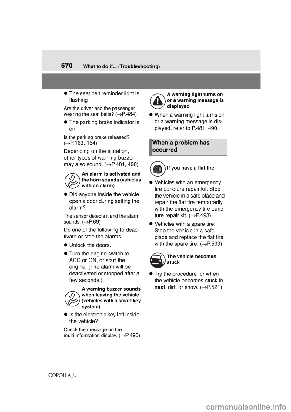 TOYOTA COROLLA 2020   (in English) Workshop Manual 570What to do if... (Troubleshooting)
COROLLA_U
 The seat belt reminder light is 
flashing
Are the driver and the passenger 
wearing the seat belts? ( 
P.484)
The parking brake indicator is 
