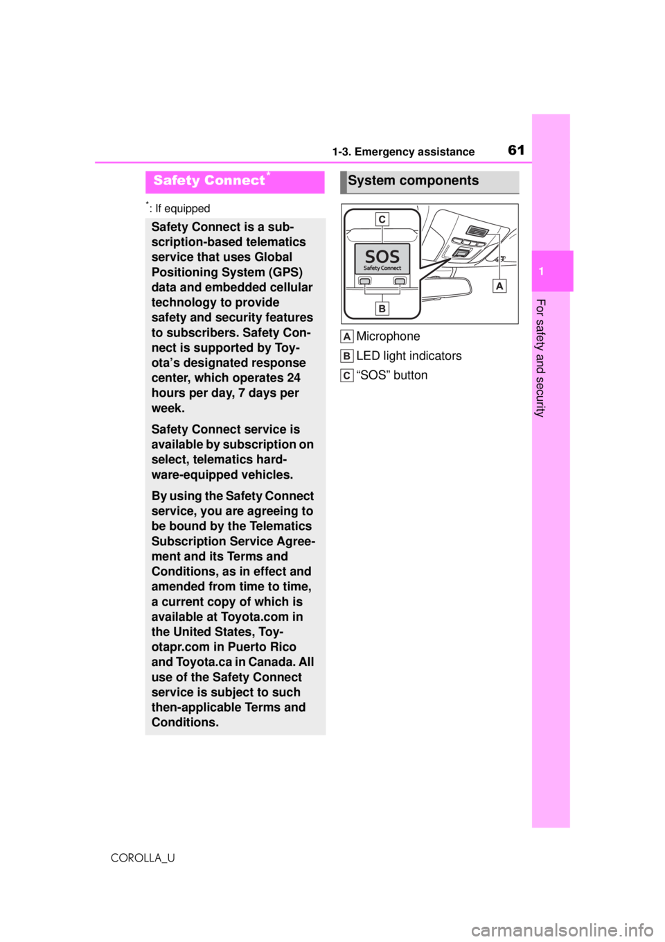 TOYOTA COROLLA 2020  Owners Manual (in English) 611-3. Emergency assistance
COROLLA_U
1
For safety and security
1-3.Emergency assistance
*: If equipped
Microphone
LED light indicators
“SOS” button
Safety Connect*
Safety Connect is a sub-
script