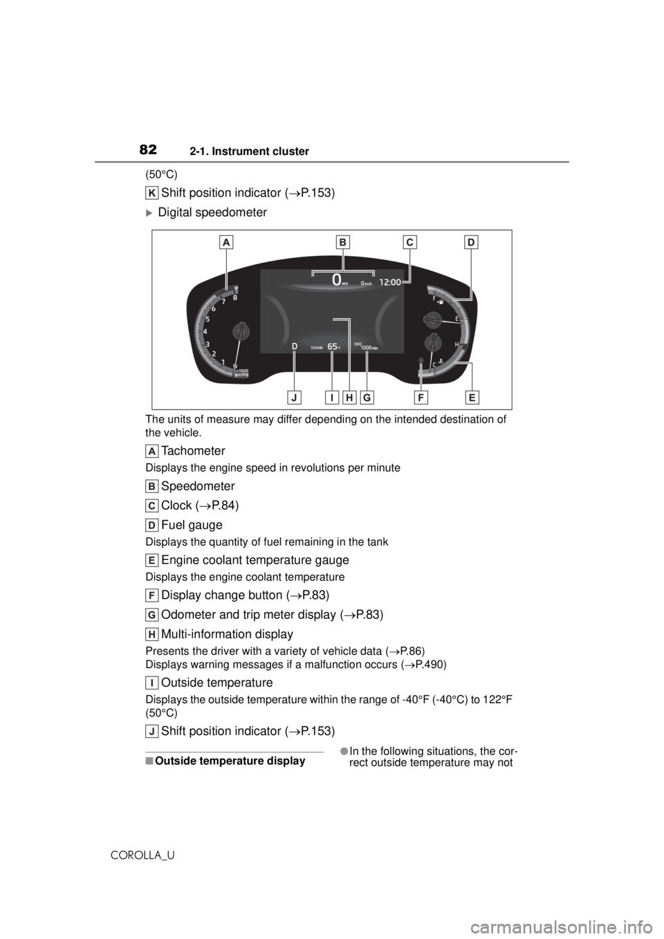 TOYOTA COROLLA 2020 (in English) Manual Online 822-1. Instrument cluster
COROLLA_U(50°C)
Shift position indicator (
P.153)
Digital speedometer
The units of measure may differ depending on the intended destination of
the vehicle.
Tachometer TOYOTA COROLLA 2020 (in English) Manual Online 822-1. Instrument cluster
COROLLA_U(50°C)
Shift position indicator (
P.153)
Digital speedometer
The units of measure may differ depending on the intended destination of
the vehicle.
Tachometer