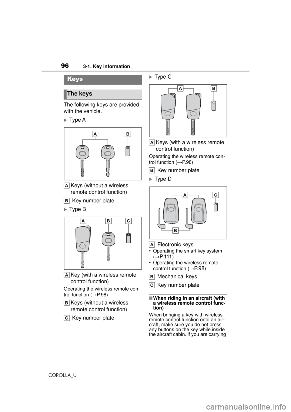 TOYOTA COROLLA 2020 Owners Manual (in English) 963-1. Key information
COROLLA_U
3-1.Key information
The following keys are provided
with the vehicle.
Ty p e AKeys (without a wireless
remote control function)
Key number plate
Ty p e BKey ( TOYOTA COROLLA 2020 Owners Manual (in English) 963-1. Key information
COROLLA_U
3-1.Key information
The following keys are provided
with the vehicle.
Ty p e AKeys (without a wireless
remote control function)
Key number plate
Ty p e BKey (