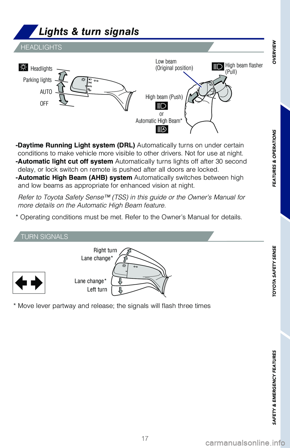 TOYOTA COROLLA 2020   (in English) User Guide 17
OVERVIEW
FEATURES & OPERATIONS
TOYOTA SAFETY SENSE
SAFETY & EMERGENCY FEATURES
-Daytime Running Light system (DRL) Automatically turns on under certain 
conditions to make vehicle more visible to o