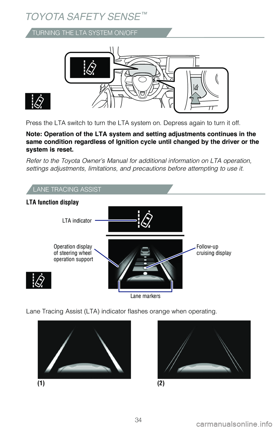 TOYOTA COROLLA 2020   (in English) Owners Guide 34
TOYOTA SAFETY SENSE™
TURNING THE LTA SYSTEM ON/OFF
Press the LTA switch to turn the LTA system on. Depress again to turn it off.
Note: Operation of the LTA system and setting adjustments continue