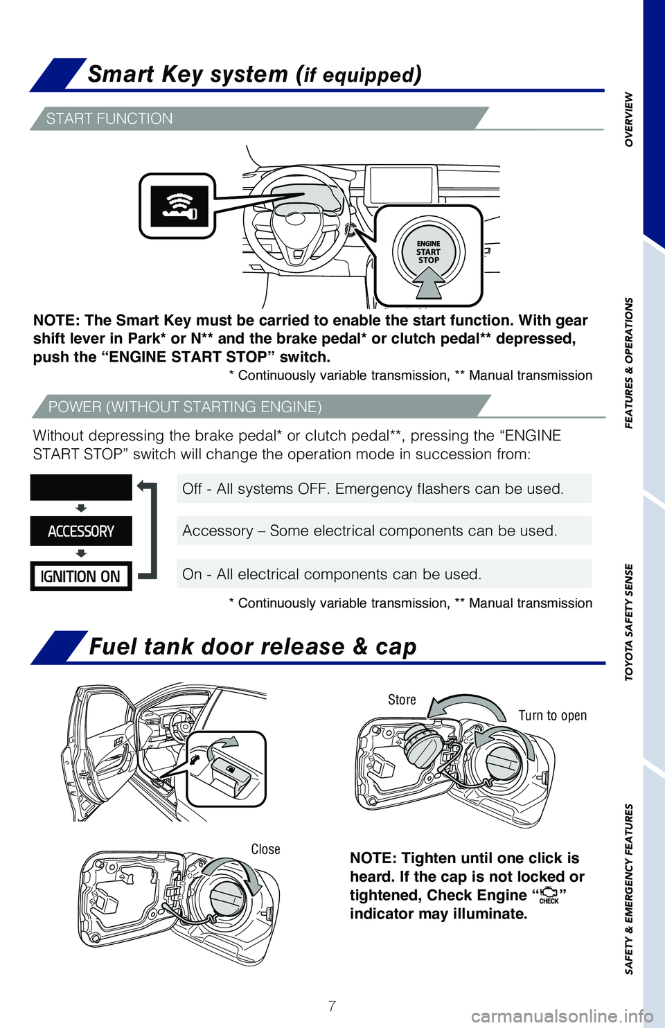 TOYOTA COROLLA 2020  Owners Manual (in English) 7
OVERVIEW
FEATURES & OPERATIONS
TOYOTA SAFETY SENSE
SAFETY & EMERGENCY FEATURES
Smart Key system (if equipped)
START FUNCTION
POWER (WITHOUT STARTING ENGINE)
Without depressing the brake pedal* or cl