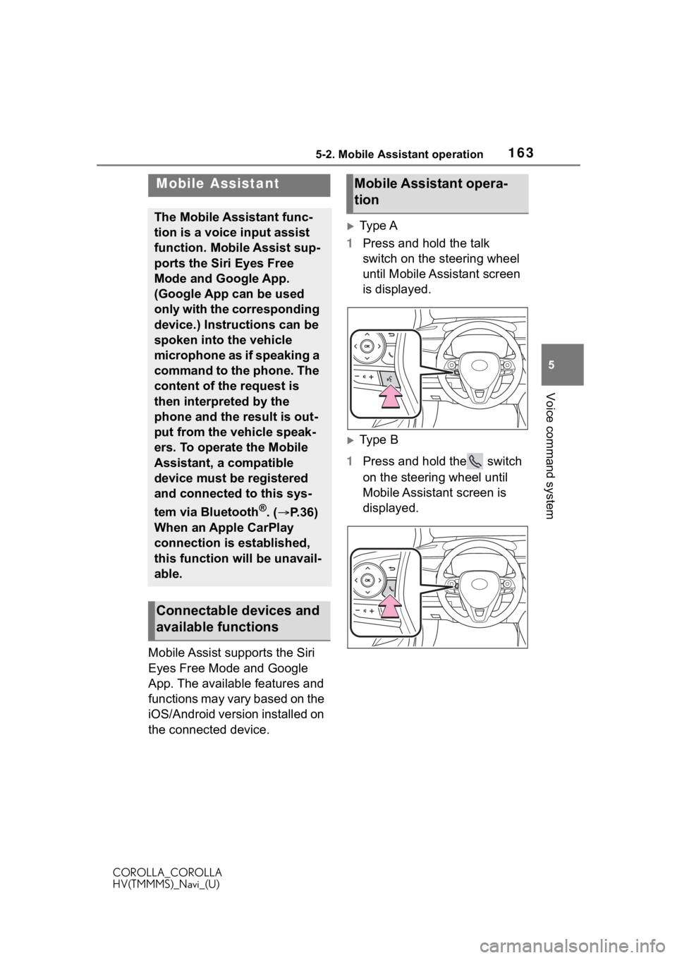 TOYOTA COROLLA 2020 Accessories, Audio & Navigation (in English) 1635-2. Mobile Assistant operation
COROLLA_COROLLA
HV(TMMMS)_Navi_(U)
5
Voice command system
5-2.Mobile Assistant operation
Mobile Assist supports the Siri
Eyes Free Mode and Google
App. The availa TOYOTA COROLLA 2020 Accessories, Audio & Navigation (in English) 1635-2. Mobile Assistant operation
COROLLA_COROLLA
HV(TMMMS)_Navi_(U)
5
Voice command system
5-2.Mobile Assistant operation
Mobile Assist supports the Siri
Eyes Free Mode and Google
App. The availa