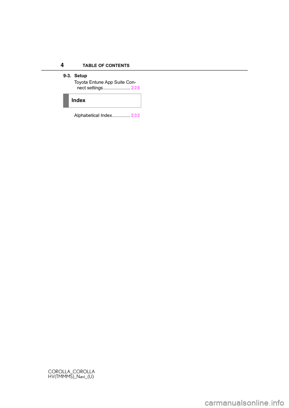 TOYOTA COROLLA 2020  Accessories, Audio & Navigation (in English) 4TABLE OF CONTENTS
COROLLA_COROLLA
HV(TMMMS)_Navi_(U)
9-3. Setup Toyota Entune App Suite Con-nect settings ..................... 228
Alphabetical Index .............. 232
Index 