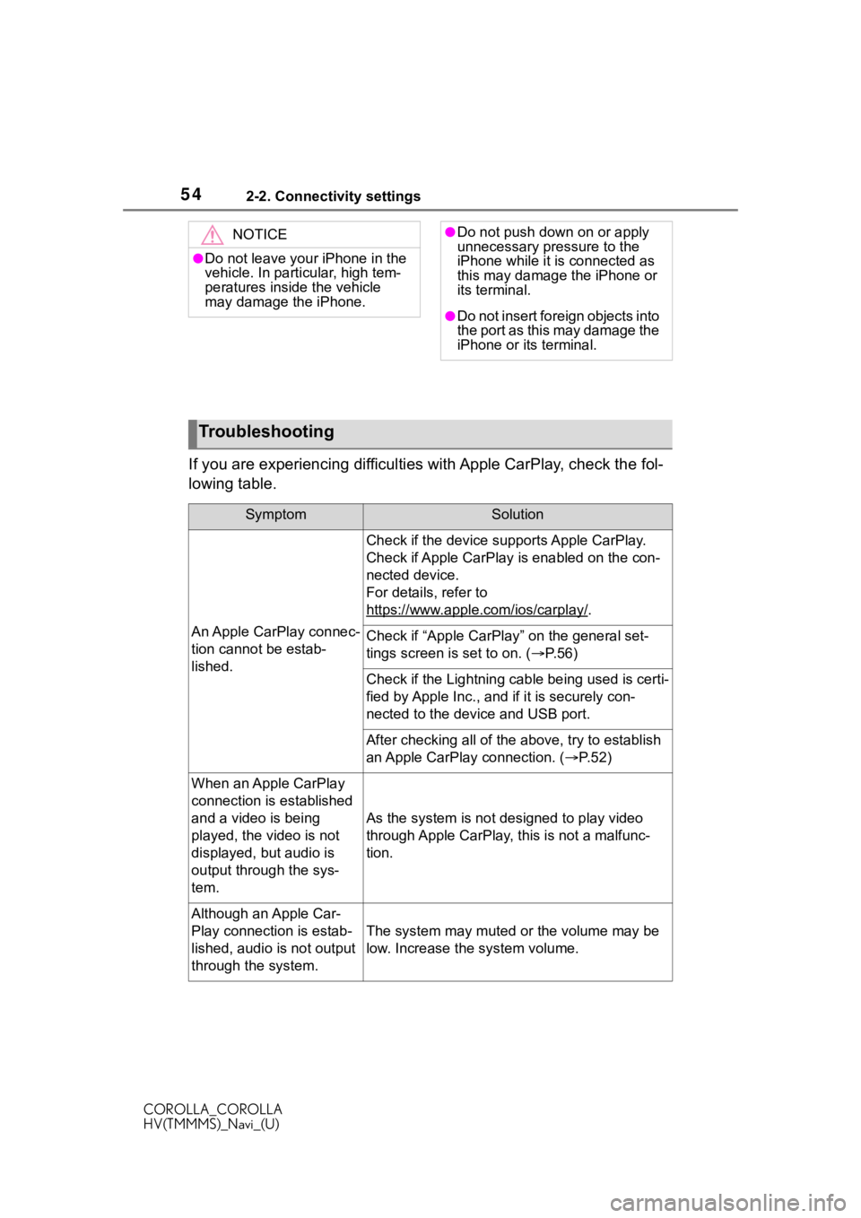 TOYOTA COROLLA 2020 Accessories, Audio & Navigation (in English) 542-2. Connectivity settings
COROLLA_COROLLA
HV(TMMMS)_Navi_(U)
If you are experiencing difficulties with Apple CarPlay, check the fol-
lowing table.
NOTICE
●Do not leave your iPhone in the
vehicle TOYOTA COROLLA 2020 Accessories, Audio & Navigation (in English) 542-2. Connectivity settings
COROLLA_COROLLA
HV(TMMMS)_Navi_(U)
If you are experiencing difficulties with Apple CarPlay, check the fol-
lowing table.
NOTICE
●Do not leave your iPhone in the
vehicle